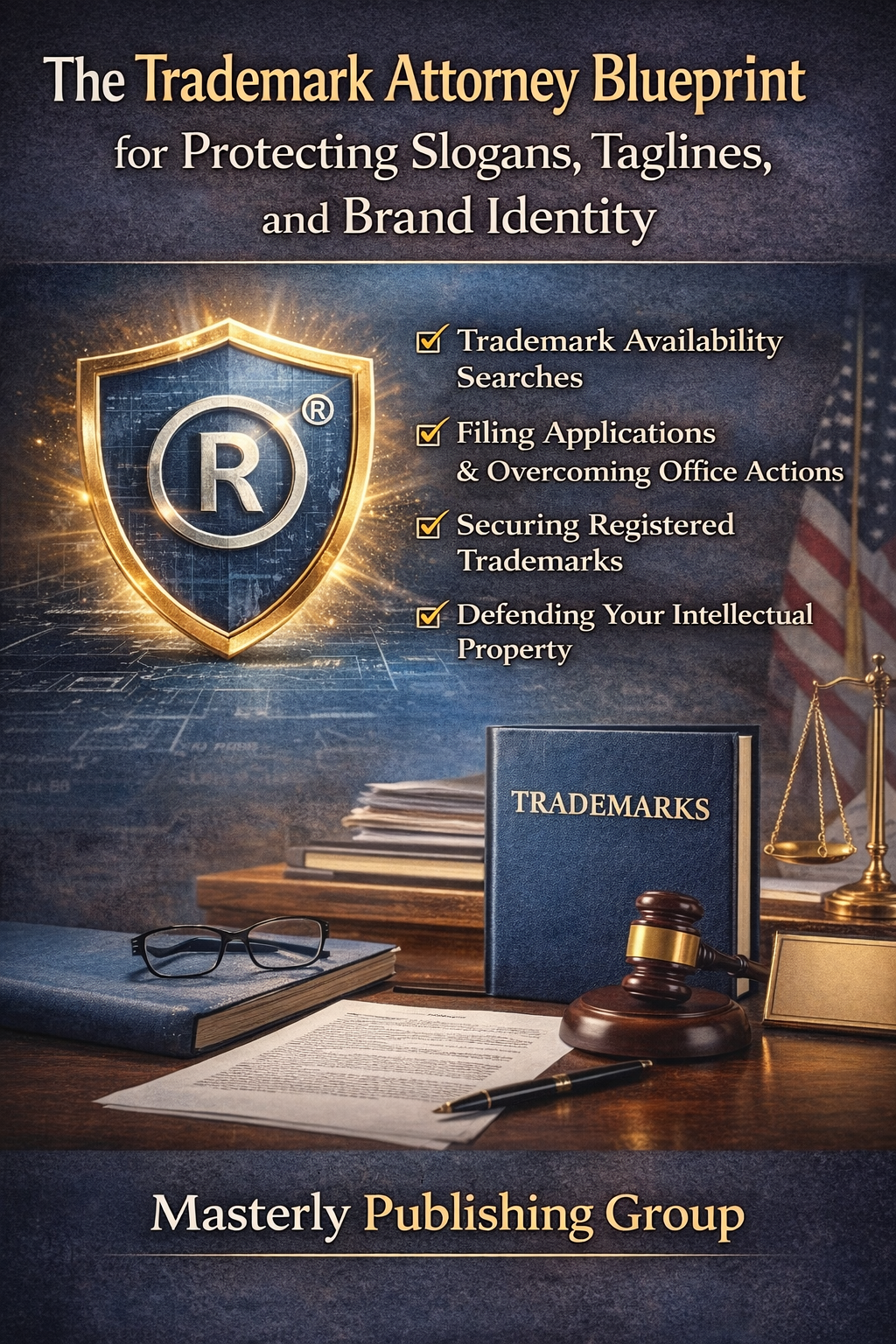 Graphic illustrating trademark protection for brand identity, featuring a shield with a registered trademark symbol, legal books, gavel, and checklist of trademark services, alongside text explaining how a trademark attorney protects slogans, taglines, and creative brands.