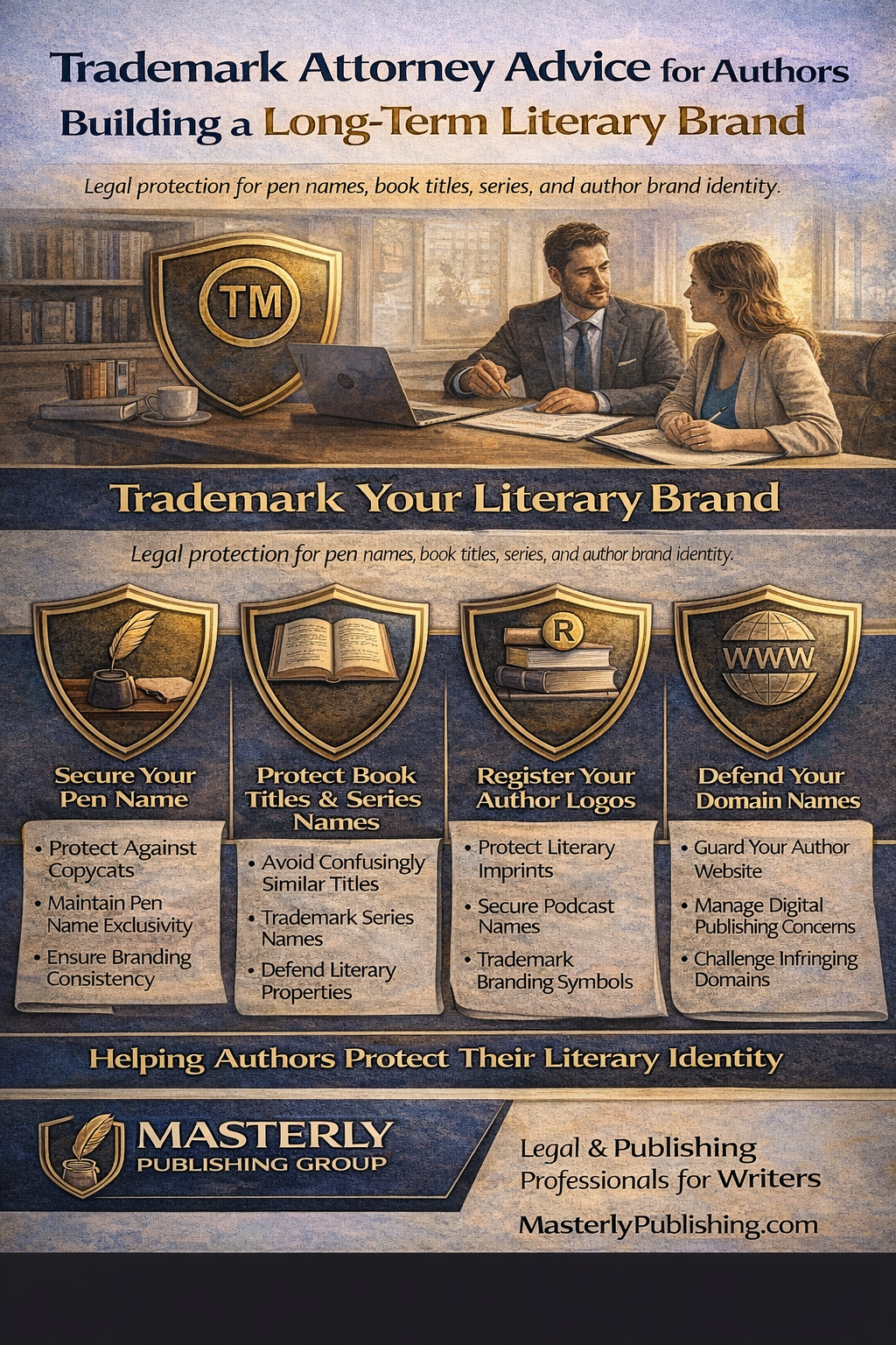Infographic showing trademark attorney advice for authors, highlighting protection of pen names, book titles, series names, logos, and domain names for long-term branding.