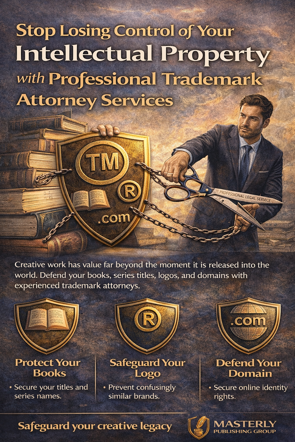 Infographic showing trademark attorney services helping authors protect intellectual property, including book titles, logos, and domain names.