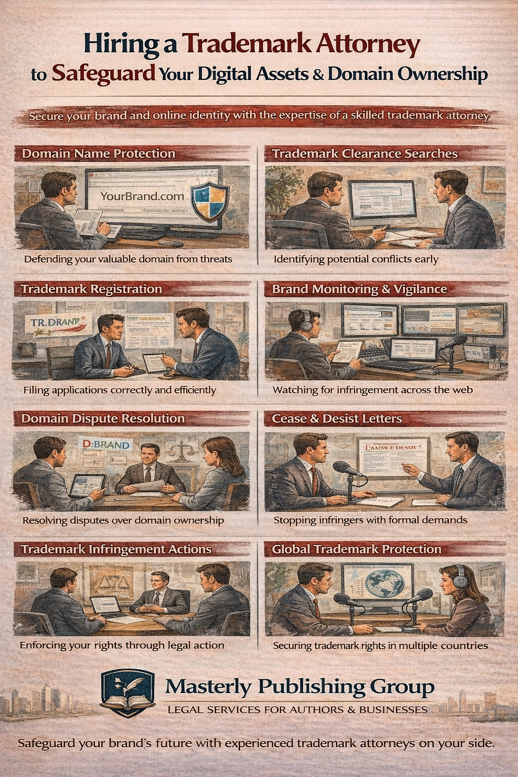 Infographic explaining how hiring a trademark attorney helps safeguard digital assets and domain ownership, including domain name protection, trademark clearance searches, trademark registration, brand monitoring, domain dispute resolution, cease and desist letters, infringement actions, and global trademark protection, presented by Masterly Publishing Group.