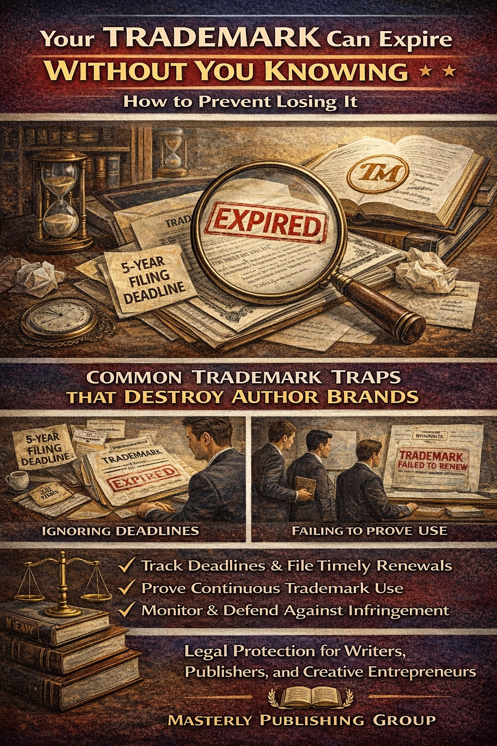 Illustrated poster showing a trademark document stamped “expired,” with filing deadline reminders and legal imagery, warning authors and creators that trademarks can lapse without proper renewal and ongoing protection.