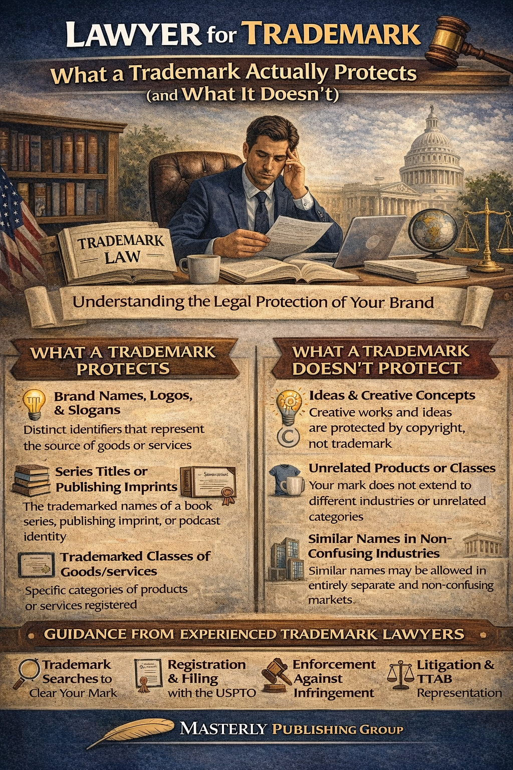 Lawyer for Trademark: What a Trademark Actually Protects (and What It Doesn’t).” The image features a professional male attorney seated at a desk reviewing legal documents, with books labeled “Trademark Law,” a laptop, a globe, scales of justice, and the U.S. Capitol building in the background.
The infographic is divided into two main sections. The first section, “What a Trademark Protects,” lists brand names, logos, and slogans; series titles or publishing imprints; and specific classes of goods or services registered with the USPTO. The second section, “What a Trademark Doesn’t Protect,” explains that ideas and creative concepts are protected by copyright, not trademark; trademarks do not automatically extend to unrelated products or classes; and similar names may be allowed in non-confusing industries.
A bottom section highlights services provided by experienced trademark lawyers, including trademark searches, registration and filing with the USPTO, enforcement against infringement, and litigation or TTAB representation, with Masterly Publishing Group branding displayed prominently.