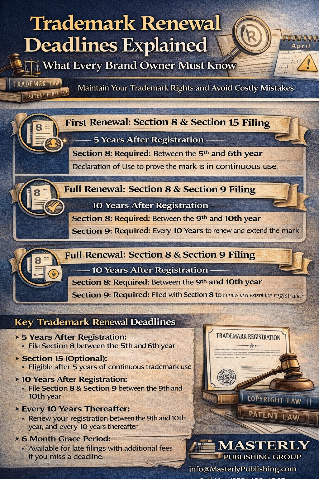 Trademark Renewal Deadlines Explained: What Every Brand Owner Must Know” by Masterly Publishing Group. The design features a blue, gold, and cream color scheme with legal-themed imagery including a magnifying glass over a registered trademark symbol, a gavel, law books labeled “Trademark Law,” “Copyright Law,” and “Patent Law,” and a calendar highlighting filing periods.
The infographic outlines key trademark renewal milestones. It explains that the first renewal occurs five years after registration and requires a Section 8 filing, with an optional Section 15 filing for incontestable status. It also explains that full renewal requires Section 8 and Section 9 filings at the ten-year mark and every ten years thereafter. A section labeled “Key Trademark Renewal Deadlines” summarizes the five-year Section 8 requirement, optional Section 15 filing, ten-year renewal with Sections 8 and 9, ongoing ten-year renewals, and a six-month grace period for late filings with additional fees. The bottom includes the Masterly Publishing Group logo and contact email.
