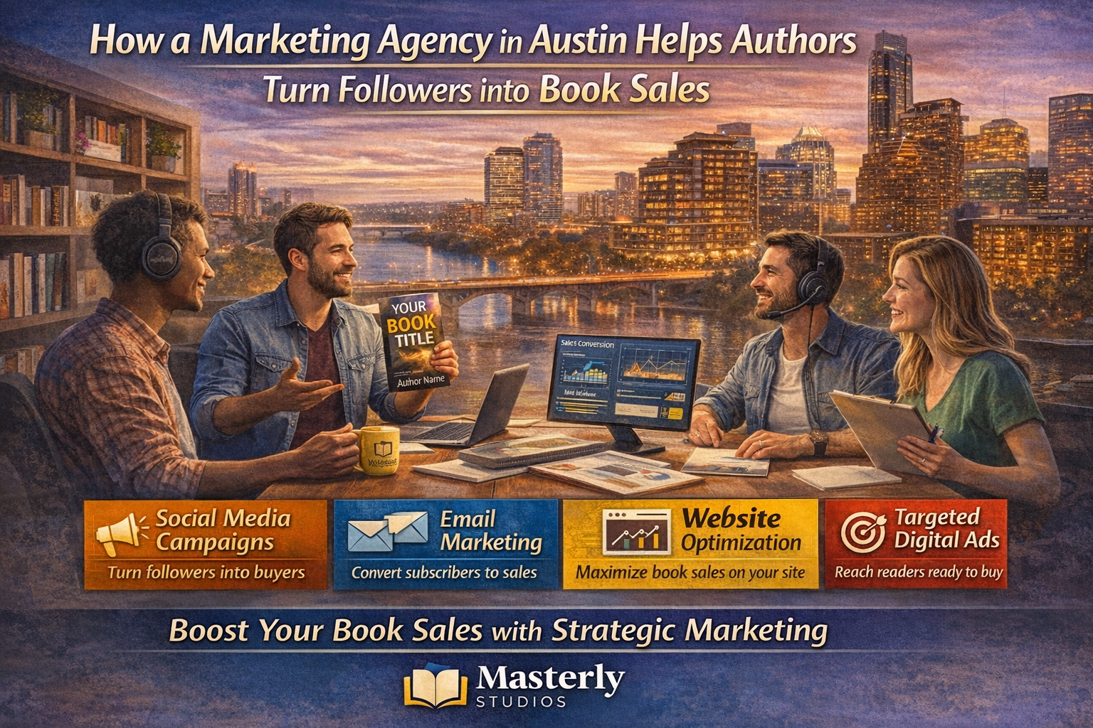How a Marketing Agency in Austin Helps Authors Turn Followers into Book Sales” showing a group of marketing professionals meeting with an author in front of the Austin skyline at sunset, highlighting services like social media campaigns, email marketing, website optimization, and targeted digital ads to boost book sales.
