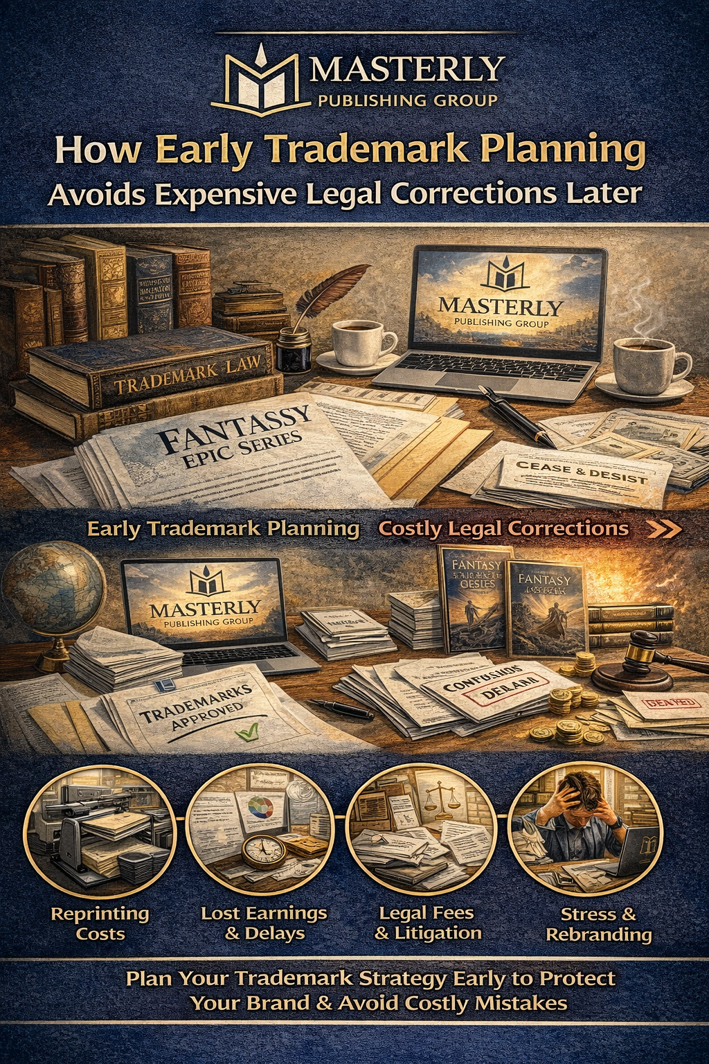 How Early Trademark Planning Avoids Expensive Legal Corrections Later” by Masterly Publishing Group. The image features a desk scene with books labeled “Trademark Law,” a laptop displaying the Masterly Publishing Group logo, manuscripts titled “Fantasy Epic Series,” and legal documents including a “Cease & Desist” notice. A comparison highlights “Early Trademark Planning” versus “Costly Legal Corrections,” with visuals of approved trademark paperwork on one side and stacks of books, legal documents, coins, and a gavel on the other. Circular icons at the bottom illustrate reprinting costs, lost earnings and delays, legal fees and litigation, and stress and rebranding. The bottom message reads, “Plan Your Trademark Strategy Early to Protect Your Brand & Avoid Costly Mistakes.