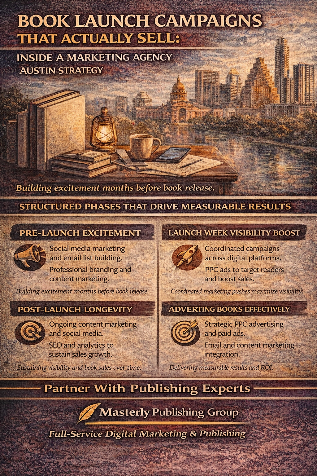Book Launch Campaigns That Actually Sell: Inside a Marketing Agency Austin Strategy.” The design highlights a staged book launch plan with sections for Pre-Launch Excitement, Launch Week Visibility Boost, Post-Launch Longevity, and Advertising Books Effectively. Visual elements include a stack of books, digital marketing icons such as email, social media, analytics charts, and PPC advertising symbols. The infographic emphasizes branding, SEO, paid ads, public relations, and integrated digital strategy. Masterly Publishing Group branding appears at the bottom, noting full-service digital marketing support and nationwide author services.