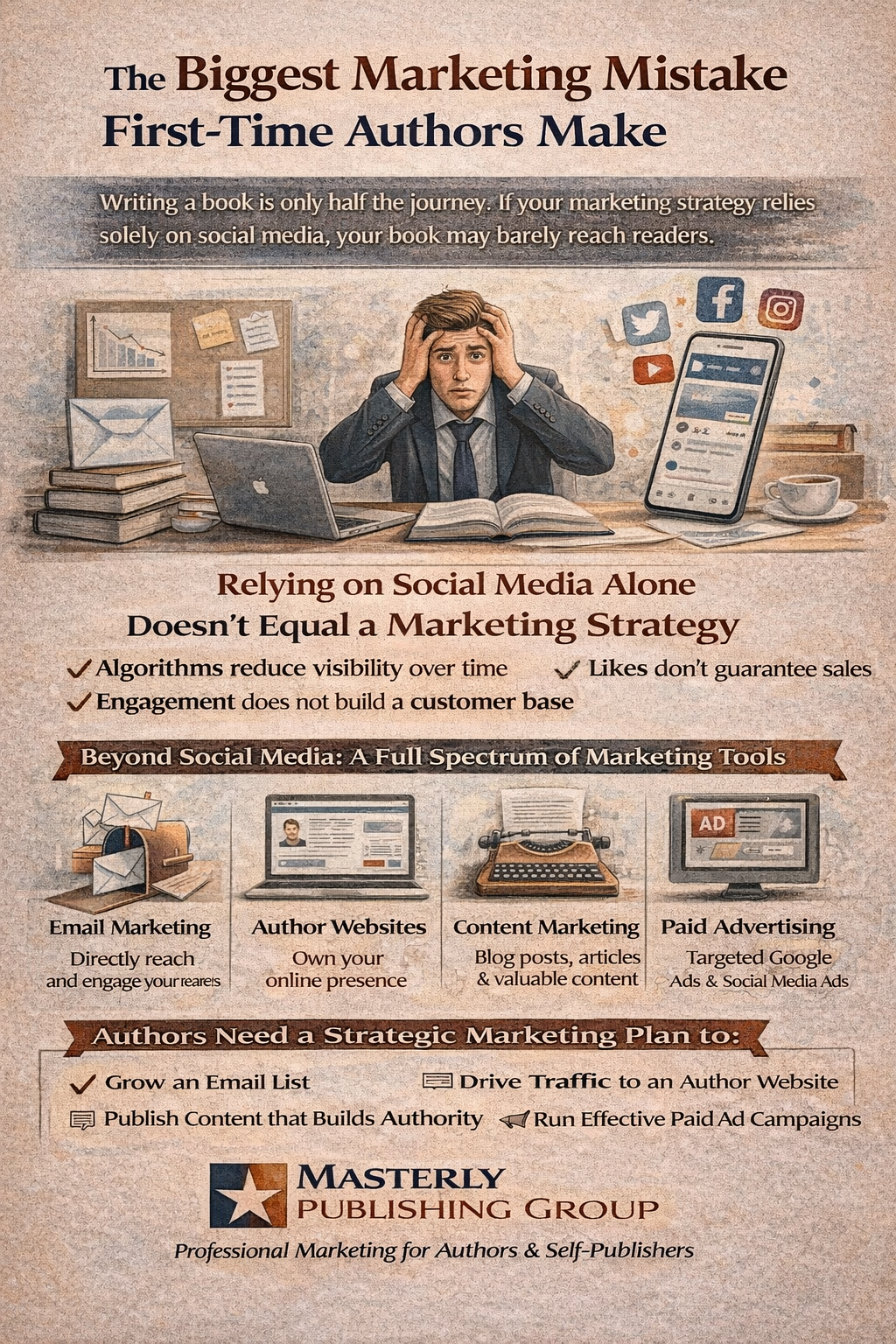 The Biggest Marketing Mistake First-Time Authors Make.” The design features an overwhelmed author sitting at a desk with a laptop, books, and social media icons floating nearby, symbolizing reliance on social media. A headline states that writing a book is only half the journey and that relying solely on social media does not equal a marketing strategy. Bullet points explain that algorithms reduce visibility over time and that likes do not guarantee sales or build a customer base. A section labeled “Beyond Social Media: A Full Spectrum of Marketing Tools” highlights email marketing, author websites, content marketing, and paid advertising such as Google Ads and social media ads. The final section emphasizes that authors need a strategic marketing plan to grow an email list, drive traffic to an author website, publish authority-building content, and run effective paid campaigns. The footer reads “Masterly Publishing Group – Professional Marketing for Authors & Self-Publishers.