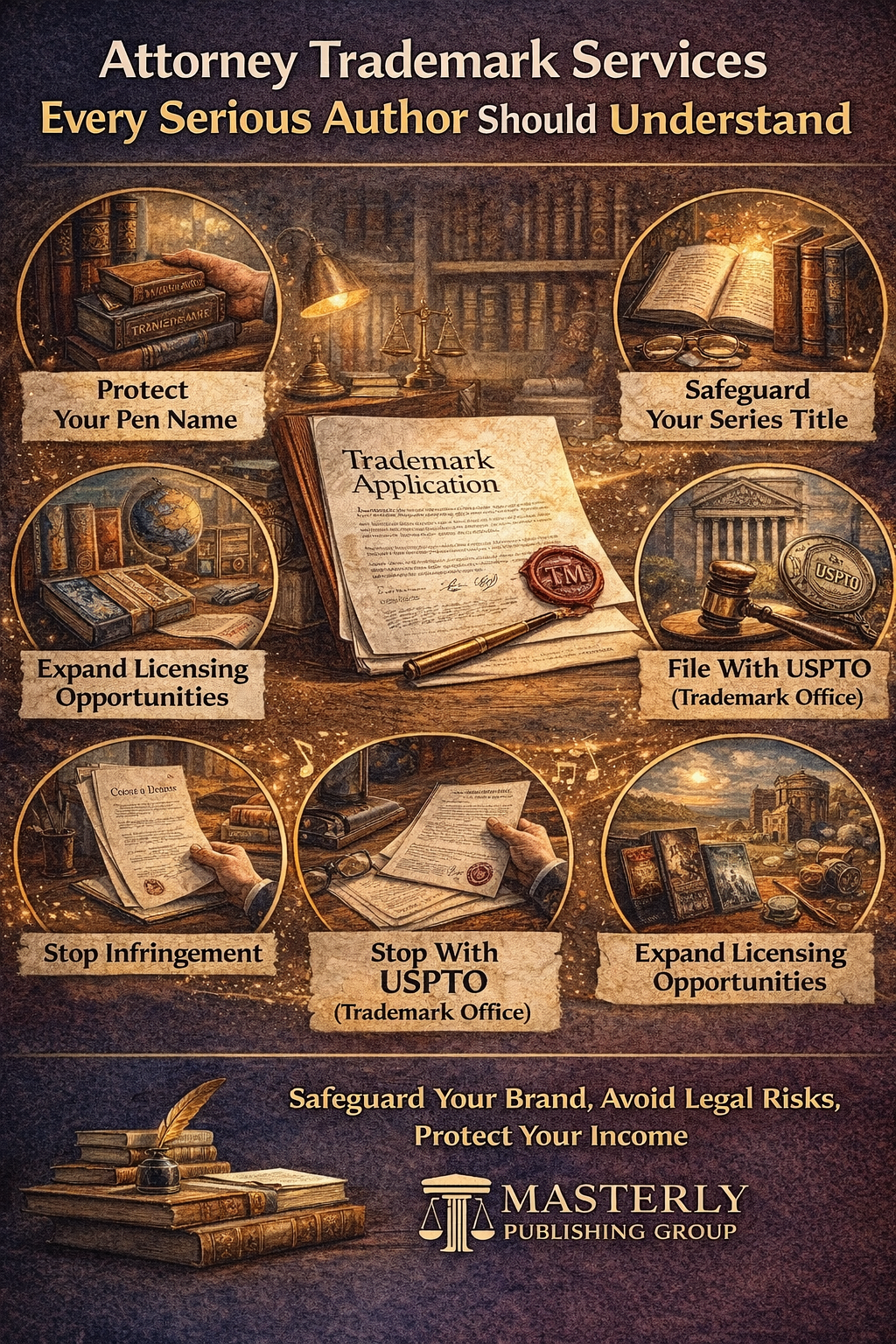 Infographic illustrating attorney trademark services for authors, including protecting pen names, series titles, USPTO trademark filing, infringement prevention, and licensing opportunities.
