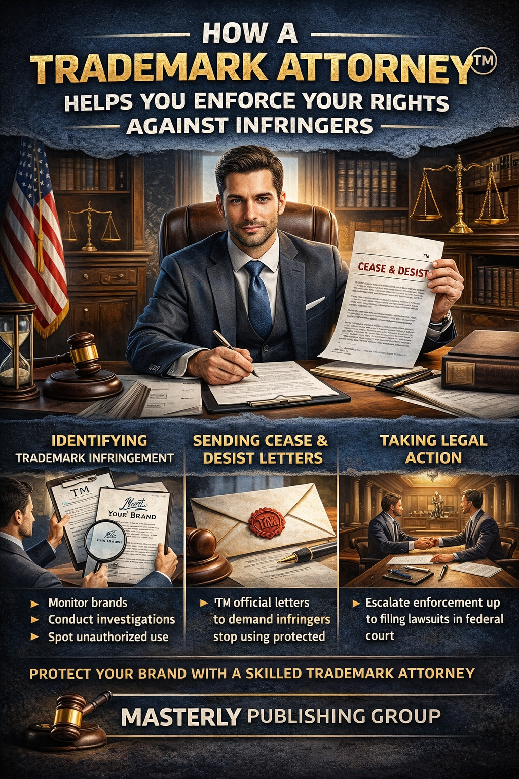 Professional legal infographic illustrating how a trademark attorney enforces brand rights against infringers. The image shows a confident attorney seated at a desk in a law office holding a cease-and-desist letter, with law books, a gavel, and scales of justice in the background. Headline text reads “How a Trademark Attorney Helps You Enforce Your Rights Against Infringers.” Below, three panels highlight key enforcement actions: identifying trademark infringement, sending cease-and-desist letters, and taking legal action in federal court. The image emphasizes brand protection and legal authority, with Masterly Publishing Group branding at the bottom.