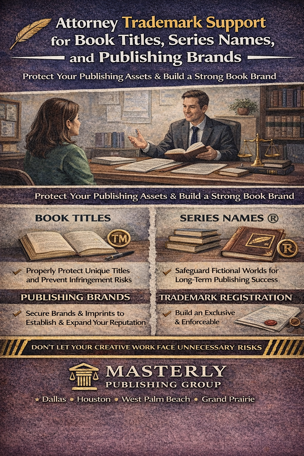 Infographic showing an attorney advising an author on trademark protection for book titles, series names, and publishing brands, highlighting trademark registration and brand protection.
