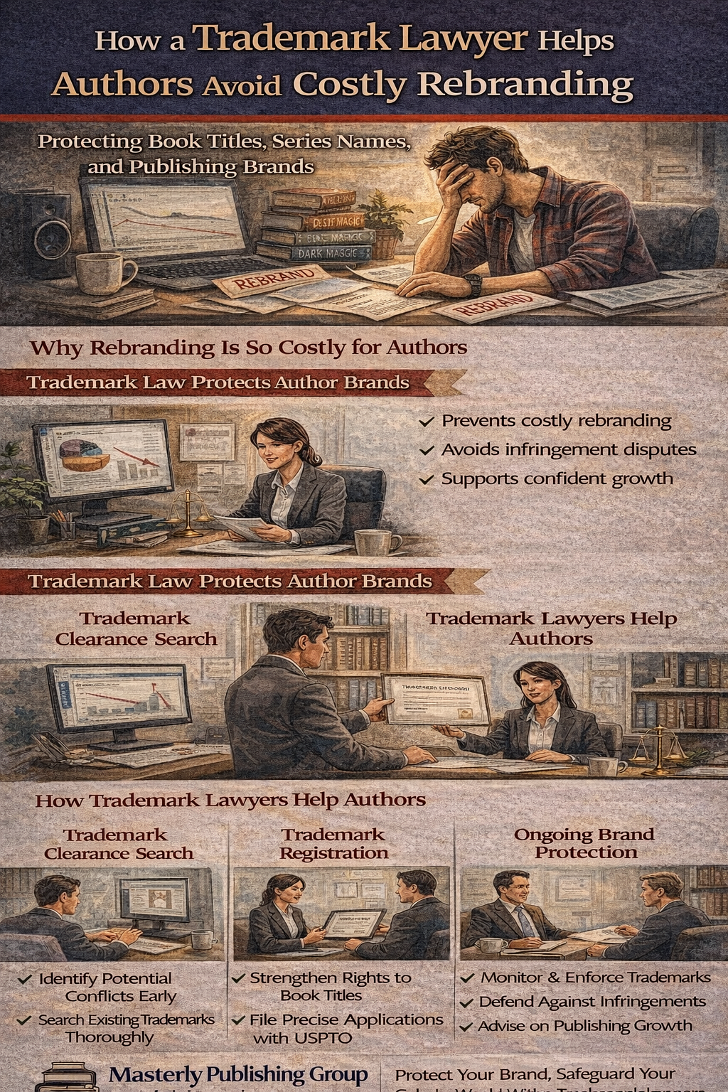 Infographic explaining how a trademark lawyer helps authors avoid costly rebranding by protecting book titles, series names, pen names, and publishing brands, showing steps such as trademark clearance searches, trademark registration with the USPTO, and ongoing brand protection to prevent infringement disputes and loss of author recognition.