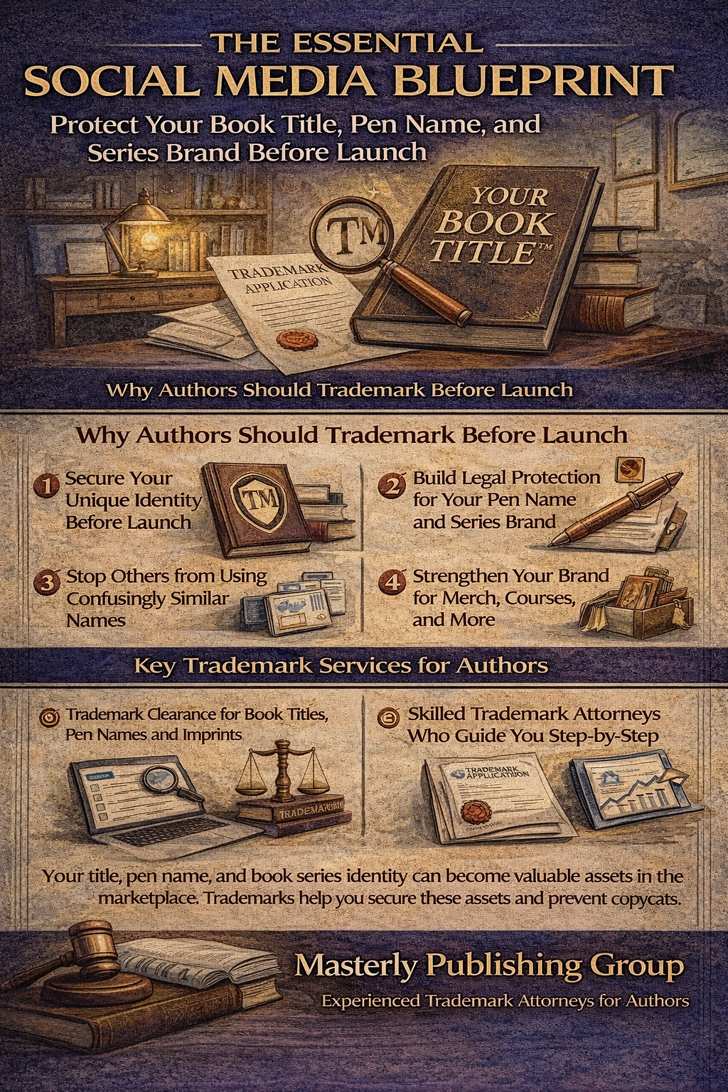 Vintage-style infographic by Masterly Publishing Group explaining trademark filing services for authors, featuring book title, pen name, and series brand protection before launch with icons for clearance searches and legal guidance.
