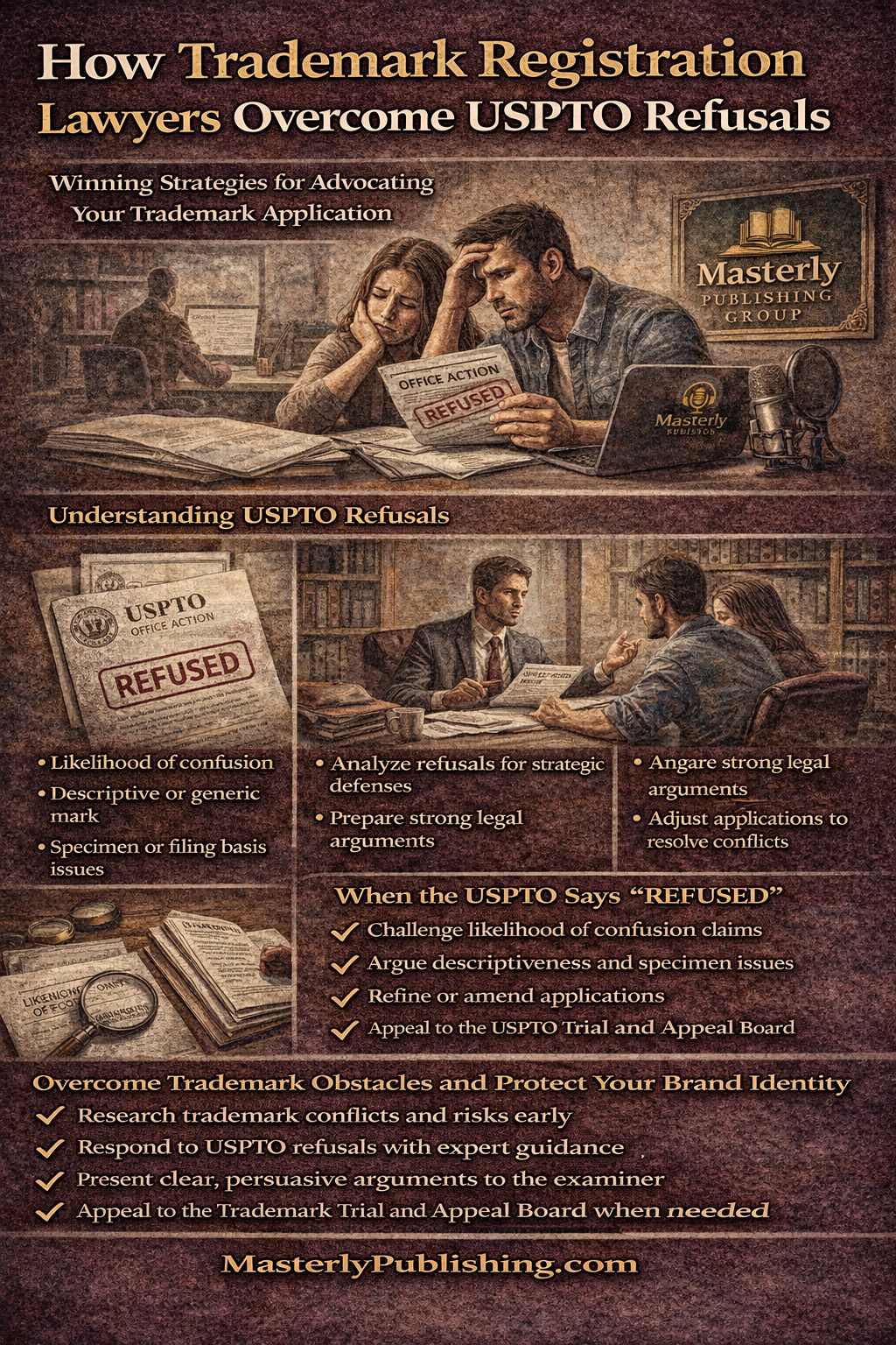 How Trademark Registration Lawyers Overcome USPTO Refusals” showing an author or business owner reading a USPTO office action marked “Refused” while sitting at a desk with branding materials and a laptop. The graphic explains common refusal reasons such as likelihood of confusion, descriptiveness or generic marks, and specimen or filing basis issues, and shows how trademark attorneys respond by analyzing the refusal, preparing strong legal arguments, and adjusting the trademark application to resolve conflicts. A checklist highlights key strategies like challenging confusion claims, fixing specimen issues, refining filings, and appealing to the Trademark Trial and Appeal Board, emphasizing protecting brand identity with professional legal guidance.