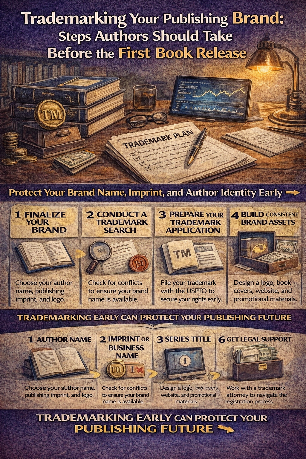 An infographic for authors shows how to trademark a publishing brand before the first book release, highlighting steps like choosing a name, conducting a trademark search, filing with the USPTO, and building consistent brand assets.