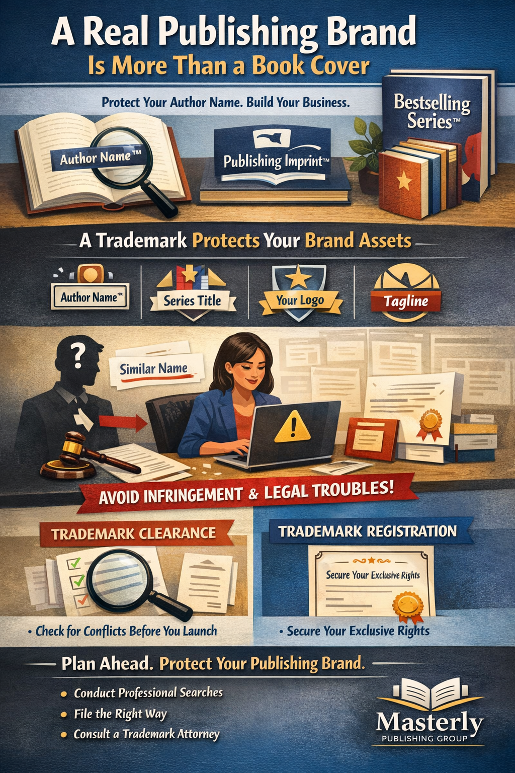 A Real Publishing Brand Is More Than a Book Cover” showing books, an author workspace, and trademark icons for author name, publishing imprint, series title, logo, and tagline, with a warning to avoid infringement and sections highlighting trademark clearance and trademark registration for protecting a publishing brand.