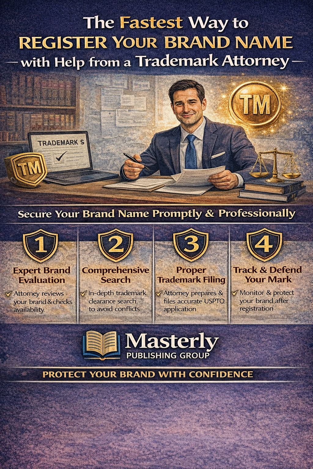 Infographic explaining the fastest way to register a brand name with a trademark attorney, showing a legal professional reviewing trademark documents and outlining steps such as brand evaluation, trademark search, USPTO filing, and ongoing brand protection for authors and creators.