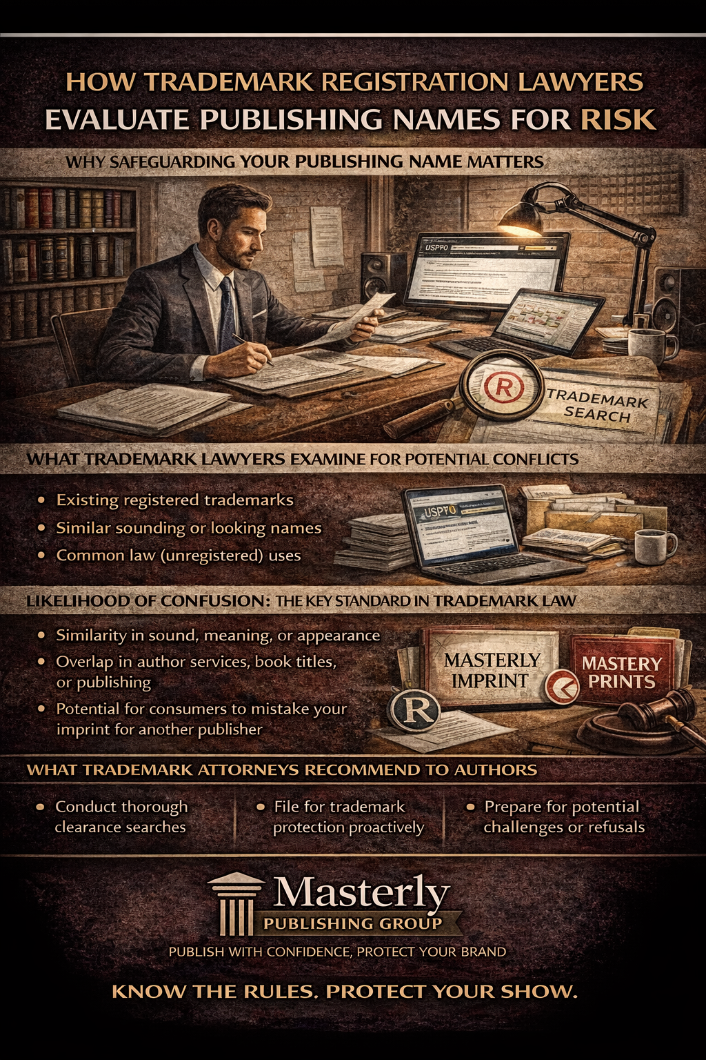 How Trademark Registration Lawyers Evaluate Publishing Names for Risk” showing a trademark attorney reviewing documents at a desk with USPTO screens, a magnifying glass, and trademark search materials. The graphic explains key risk factors lawyers check, including existing registered trademarks, similar-sounding or similar-looking names, and unregistered common-law uses. It also highlights the “likelihood of confusion” standard and recommends that authors conduct clearance searches, file for trademark protection early, and prepare for refusals or challenges, with Masterly Publishing Group branding at the bottom.