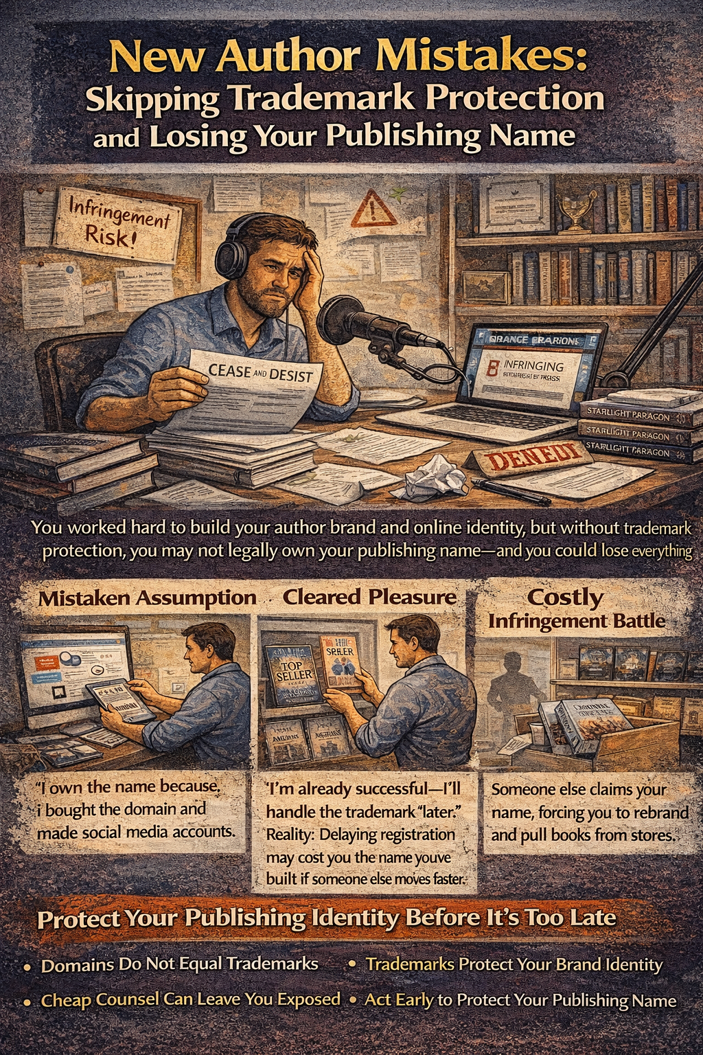New Author Mistakes: Skipping Trademark Protection and Losing Your Publishing Name.” A stressed author sits at a desk holding a “Cease and Desist” letter with warning signs about infringement and denial on nearby papers and a laptop. Three panels below show common mistakes—assuming a domain or social media accounts equal ownership, waiting to trademark “later,” and facing a costly infringement battle that forces rebranding. A closing message urges authors to protect their publishing identity early with trademark registration.