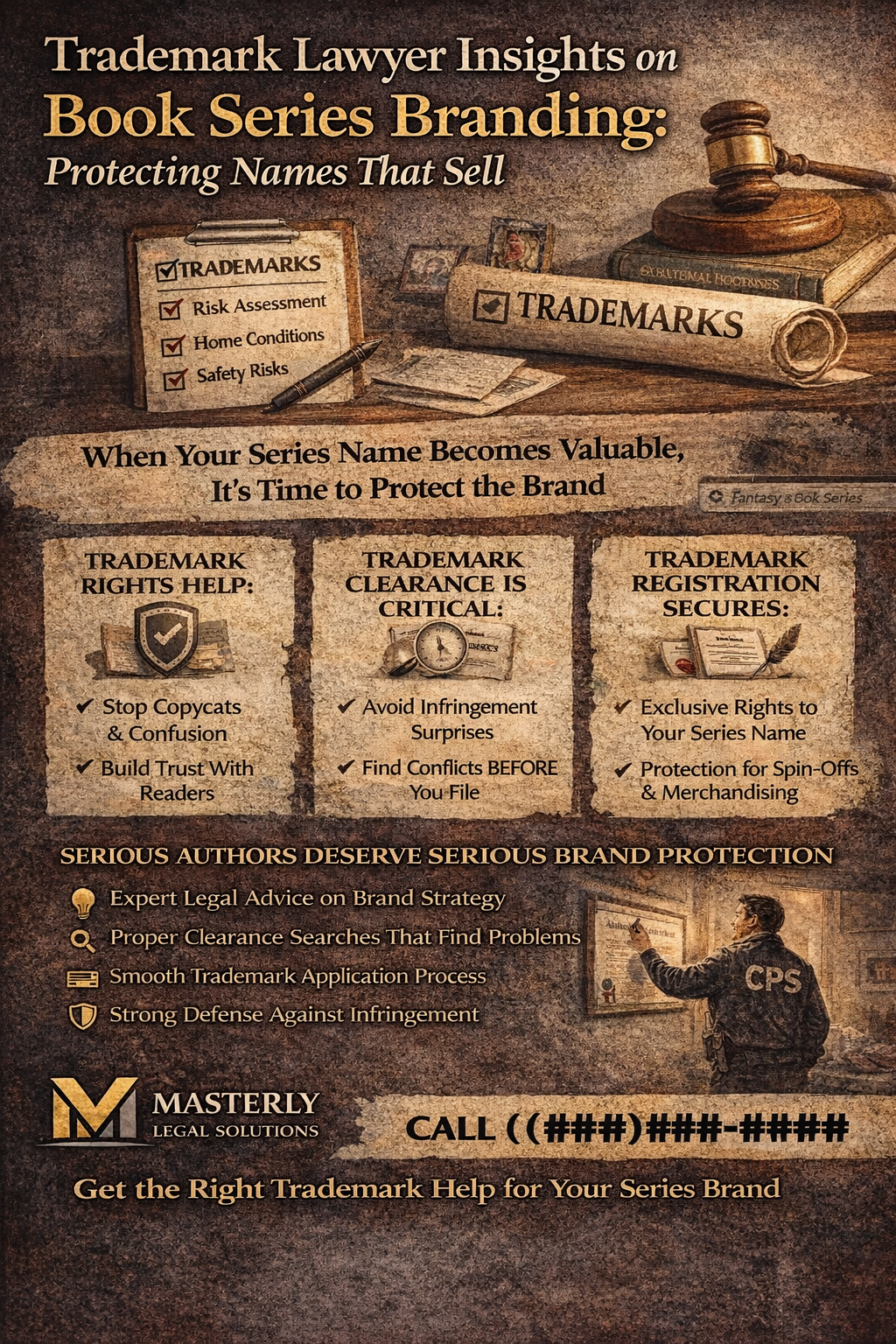 Trademark Lawyer Insights on Book Series Branding: Protecting Names That Sell,” featuring a vintage-style desk scene with a gavel, books, and trademark documents, explaining how trademark rights help stop copycats, why trademark clearance searches matter, and how trademark registration secures exclusive rights to a book series name, with a call to contact Masterly Legal Solutions for brand protection help.