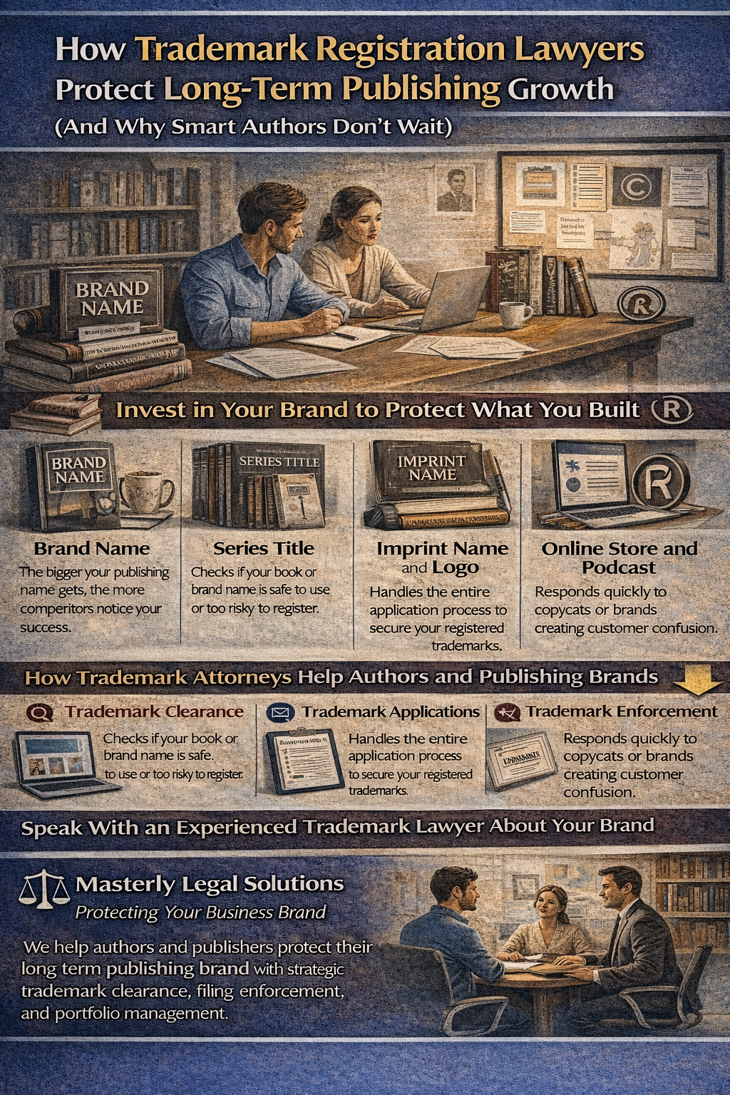 How Trademark Registration Lawyers Protect Long-Term Publishing Growth (And Why Smart Authors Don’t Wait)” featuring authors working on a publishing brand at a desk with legal and branding elements like logos and trademark symbols. The graphic explains why publishers should protect valuable assets such as a brand name, series title, imprint name, logo, and online store or podcast as a business grows. It highlights how trademark attorneys support publishing success through trademark clearance searches, trademark application filing, and trademark enforcement to stop copycats and prevent customer confusion. The infographic ends with a call to speak with an experienced trademark lawyer and includes Masterly Legal Solutions branding focused on protecting long-term publishing growth.