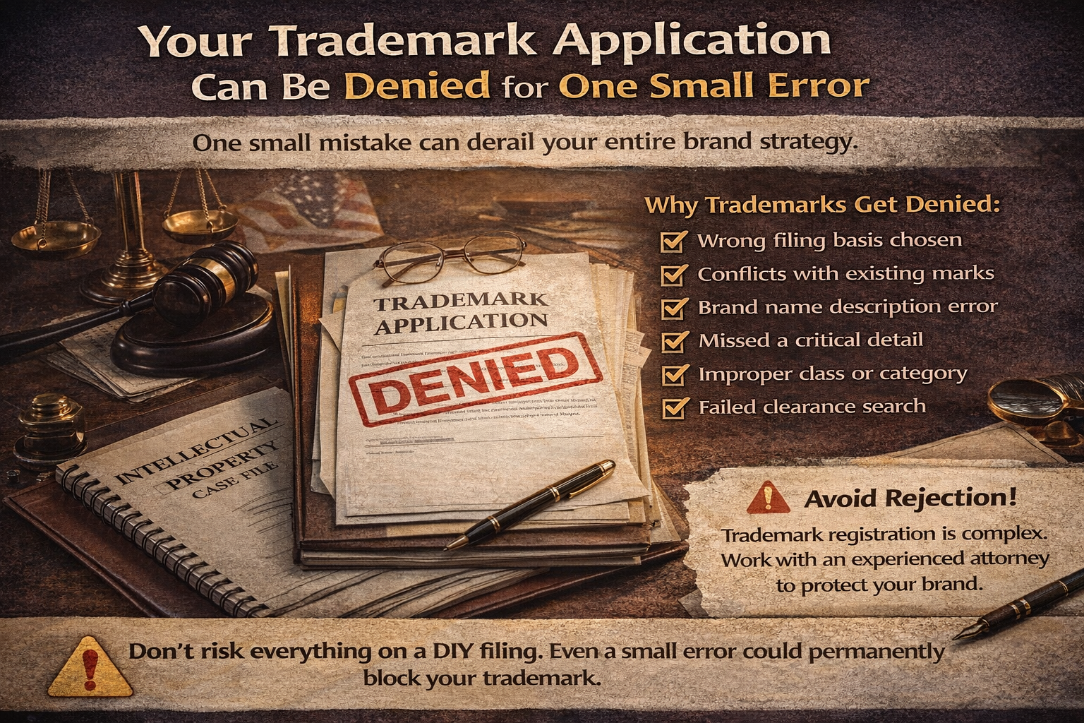 Infographic warning that a trademark application can be denied for one small error, showing a denied trademark form and common filing mistakes checklist.