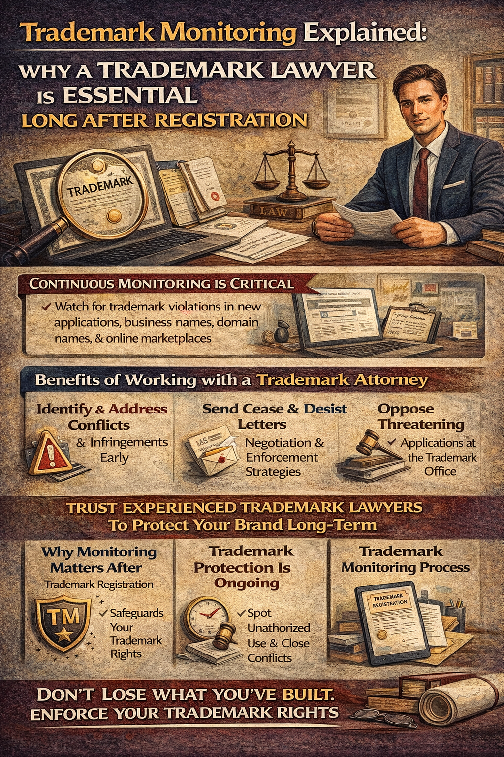 Trademark Monitoring Explained: Why a Trademark Lawyer Is Essential Long After Registration” showing a trademark attorney reviewing documents at a desk with legal books, scales of justice, and a magnifying glass over a trademark file. The graphic explains ongoing trademark monitoring, including watching for infringement in new applications, business names, domain names, and online marketplaces. Sections highlight the benefits of working with a trademark lawyer, such as identifying conflicts early, sending cease-and-desist letters, opposing threatening trademark applications, and enforcing trademark rights to protect a brand long term.