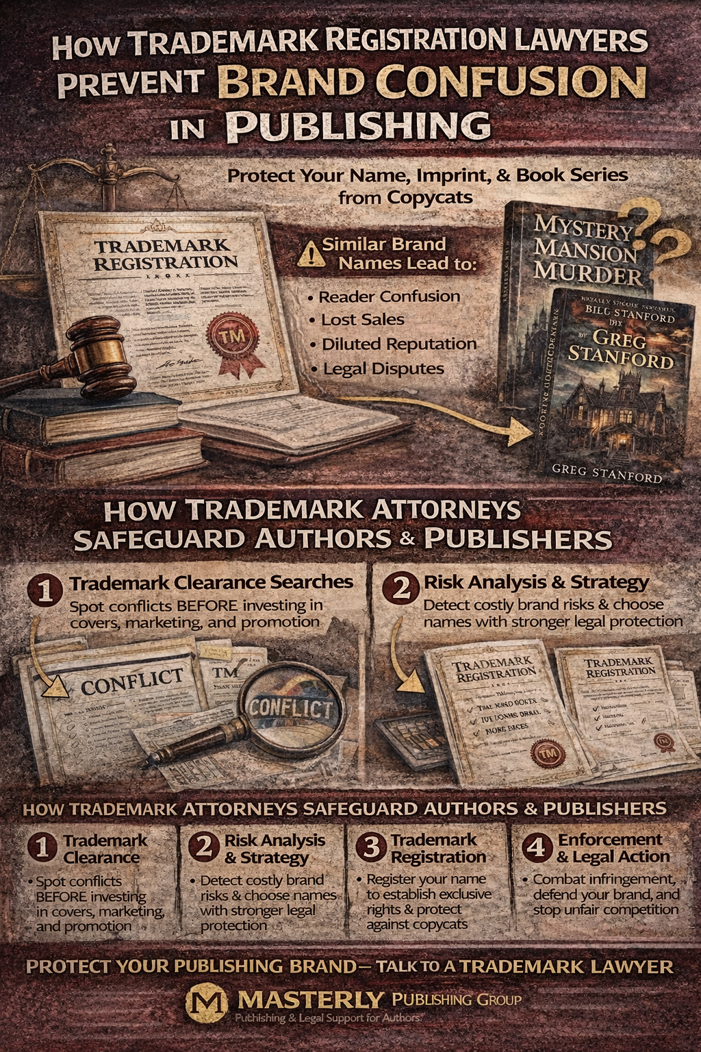 How Trademark Registration Lawyers Prevent Brand Confusion in Publishing’ explaining how trademark attorneys protect author names, imprints, and book series through clearance searches, risk analysis, USPTO trademark registration, and enforcement to stop copycats and prevent reader confusion.