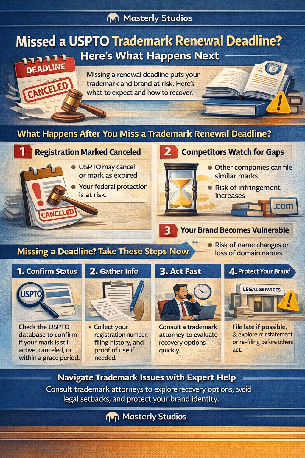 Missed a USPTO Trademark Renewal Deadline? Here’s What Happens Next” showing a deadline calendar, gavel, and warning icons, plus steps explaining that the registration may be marked canceled, competitors may file similar marks, and the brand becomes vulnerable. Bottom section lists action steps: confirm USPTO status, gather registration info, act fast with a trademark attorney, and protect the brand through late filing, reinstatement, or re-filing.