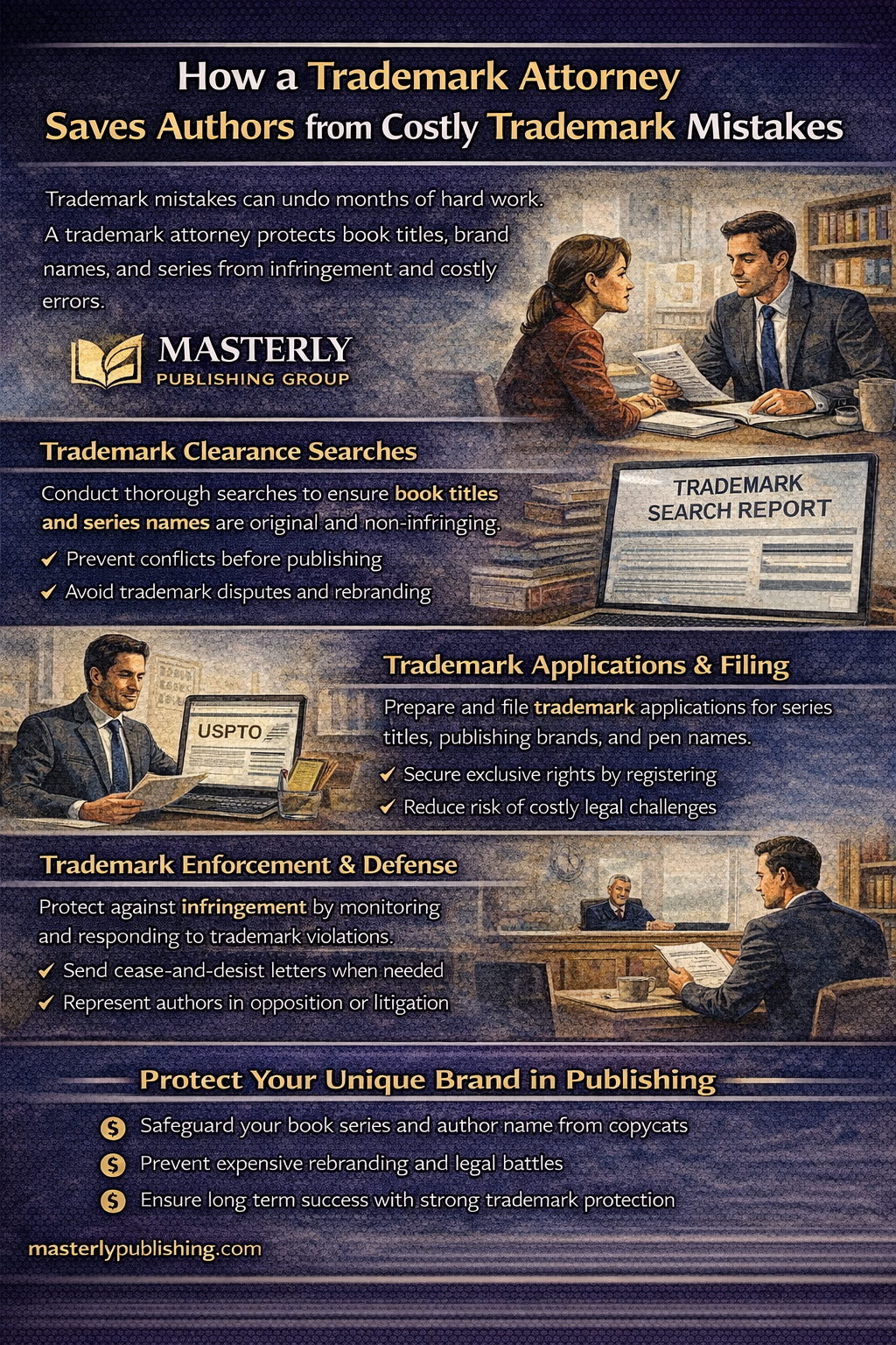 How a Trademark Attorney Saves Authors from Costly Trademark Mistakes,” showing an author consulting with a trademark attorney, trademark search and filing visuals, and enforcement scenes. The image explains how trademark attorneys help authors protect book titles, series names, and publishing brands through clearance searches, trademark applications, and enforcement to prevent infringement, rebranding, and costly legal disputes.