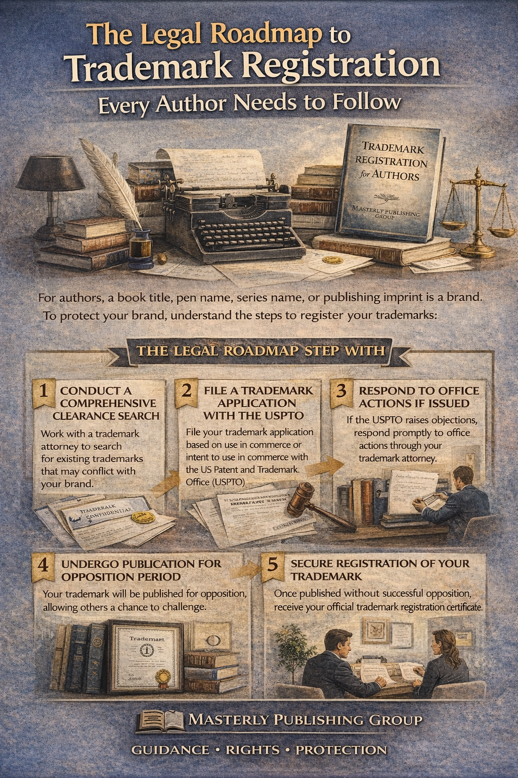 The Legal Roadmap to Trademark Registration Every Author Needs to Follow” illustrating step-by-step trademark registration for authors, including trademark clearance searches, filing a USPTO application, responding to office actions, publication for opposition, and securing trademark registration, with visual elements like books, a typewriter, legal documents, and branding for Masterly Publishing Group.