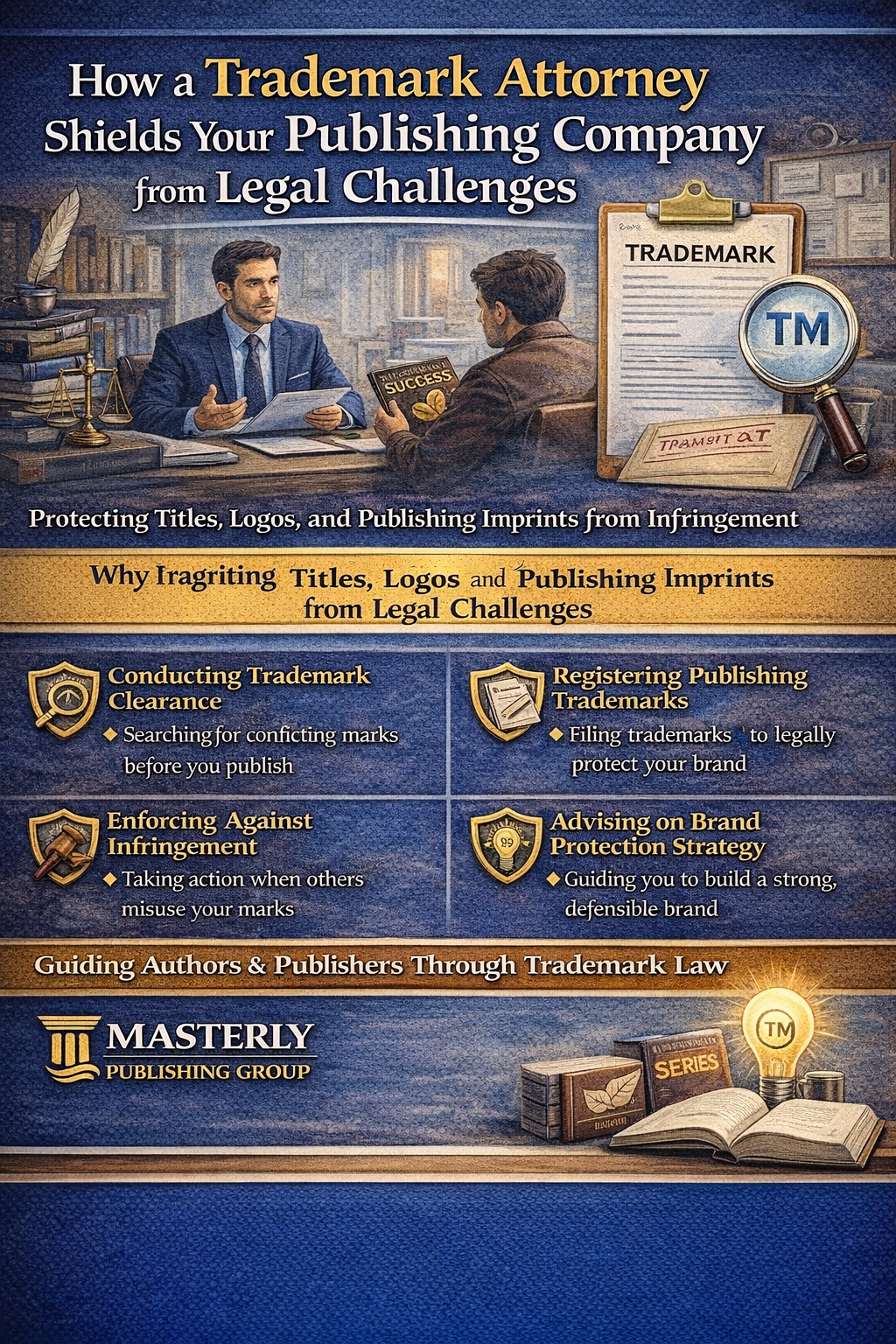 Infographic explaining how a trademark attorney protects a publishing company, showing a legal consultation, trademark document, and icons representing trademark clearance, registration, enforcement, and brand protection, presented by Masterly Publishing Group.