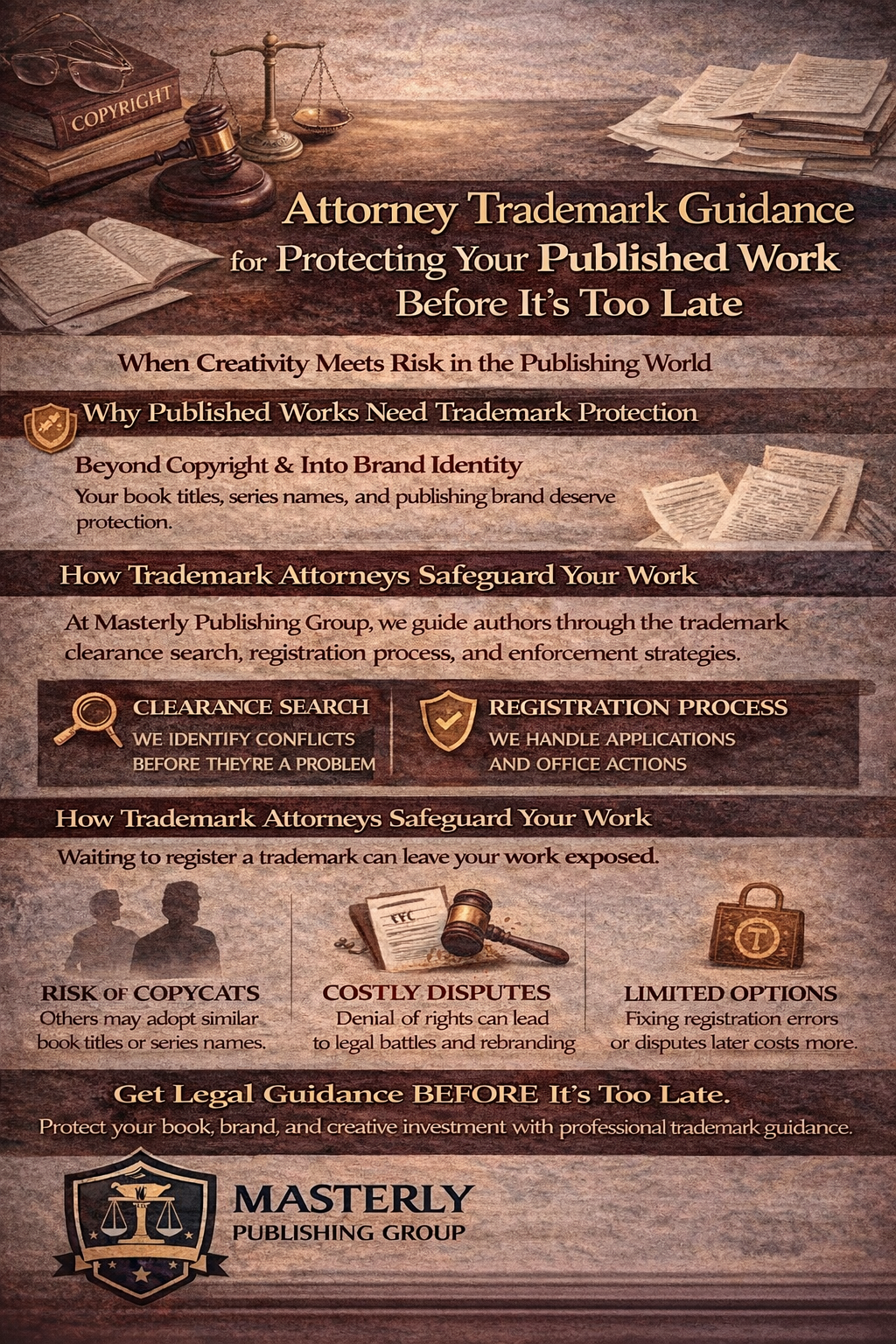 Infographic titled ‘Attorney Trademark Guidance for Protecting Your Published Work Before It’s Too Late’ featuring books, legal scales, and icons explaining trademark clearance, registration, risks of copycats, and the importance of early legal protection, branded by Masterly Publishing Group.