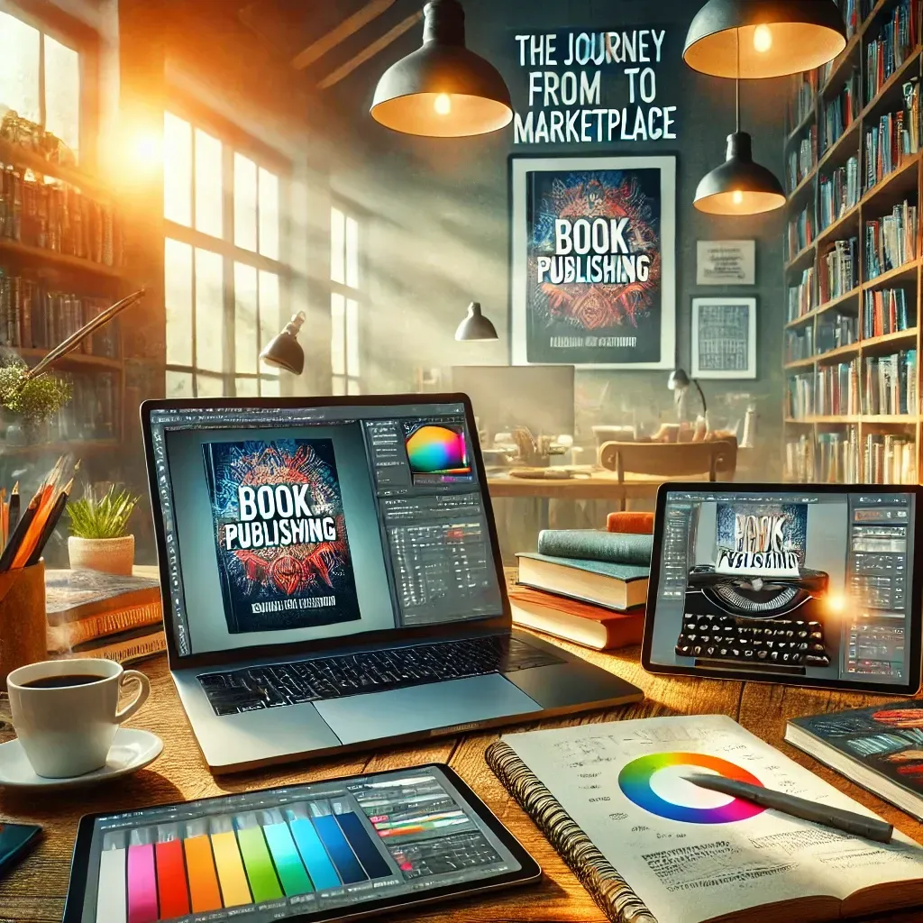 A creative workspace showcasing a laptop with manuscript editing software and a tablet displaying a book cover design in progress. The desk features a stack of books, a coffee cup, and a notepad with handwritten publishing notes. In the background, a bookshelf filled with books and a poster of a best-seller list symbolize the journey from manuscript to published success. Bright, inspiring lighting enhances the productive and creative environment, ideal for book publishing professionals.
