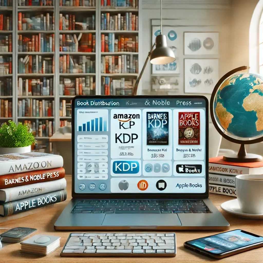 A modern workspace showcasing a laptop with a book distribution dashboard featuring options for Amazon KDP, Barnes & Noble Press, and Apple Books. The desk includes a stack of printed books, a coffee cup, and a smartphone displaying social media promotions for a newly launched book. In the background, a bookshelf with diverse books and a globe represents global reach and distribution. Bright, professional lighting emphasizes a productive and inspiring publishing environment.
