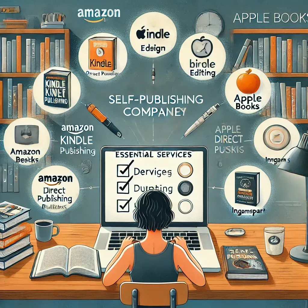 An author sits at a desk, comparing different self-publishing companies on a laptop screen, which displays a checklist of essential publishing services like cover design, editing, marketing, and distribution. Floating icons around the author represent major self-publishing platforms, including Amazon Kindle Direct Publishing, Apple Books, and IngramSpark. The background features bookshelves and a creative workspace, symbolizing the journey of selecting the right self-publishing company.