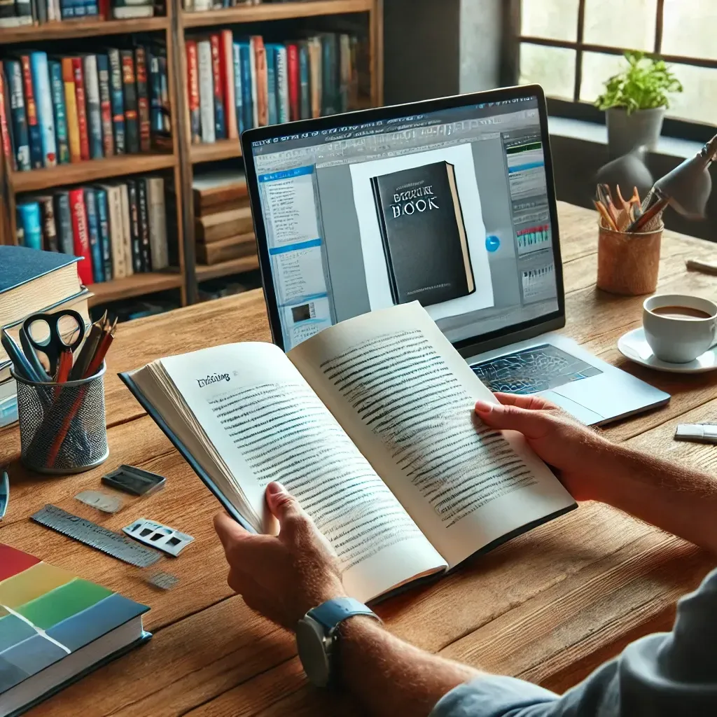 A self-published author reviewing a printed book proof at a well-organized desk. The book has a professional cover, and there are editing notes and a laptop open to a document with track changes. A cup of coffee, a stack of books, and a bookshelf filled with writing guides are in the background, creating a cozy and professional workspace.