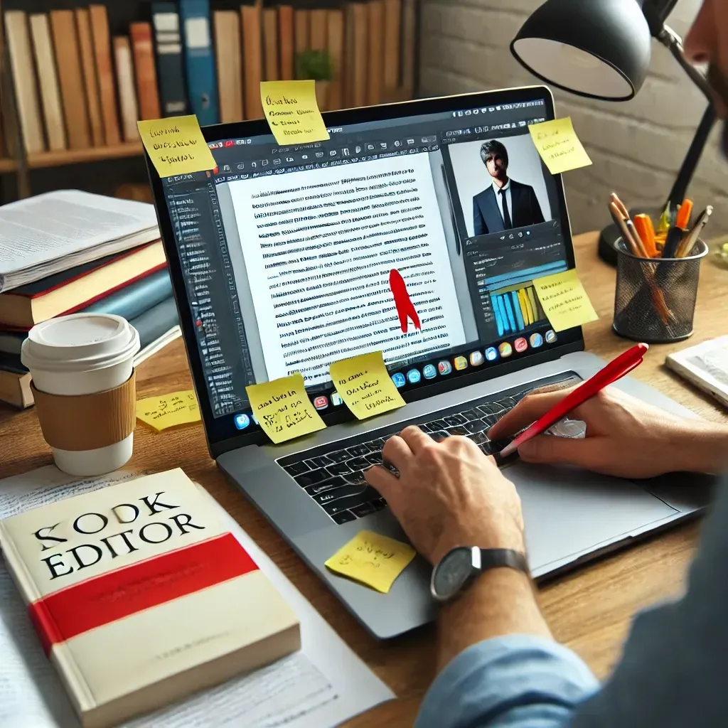 A ghostwriter working on a manuscript at a desk, typing on a laptop with editing notes and track changes visible on the screen. A printed manuscript with sticky notes and a red pen is beside the laptop. The workspace is well-organized with a coffee cup, a notepad, and a bookshelf filled with writing guides and reference books in the background, creating a cozy and professional atmosphere.