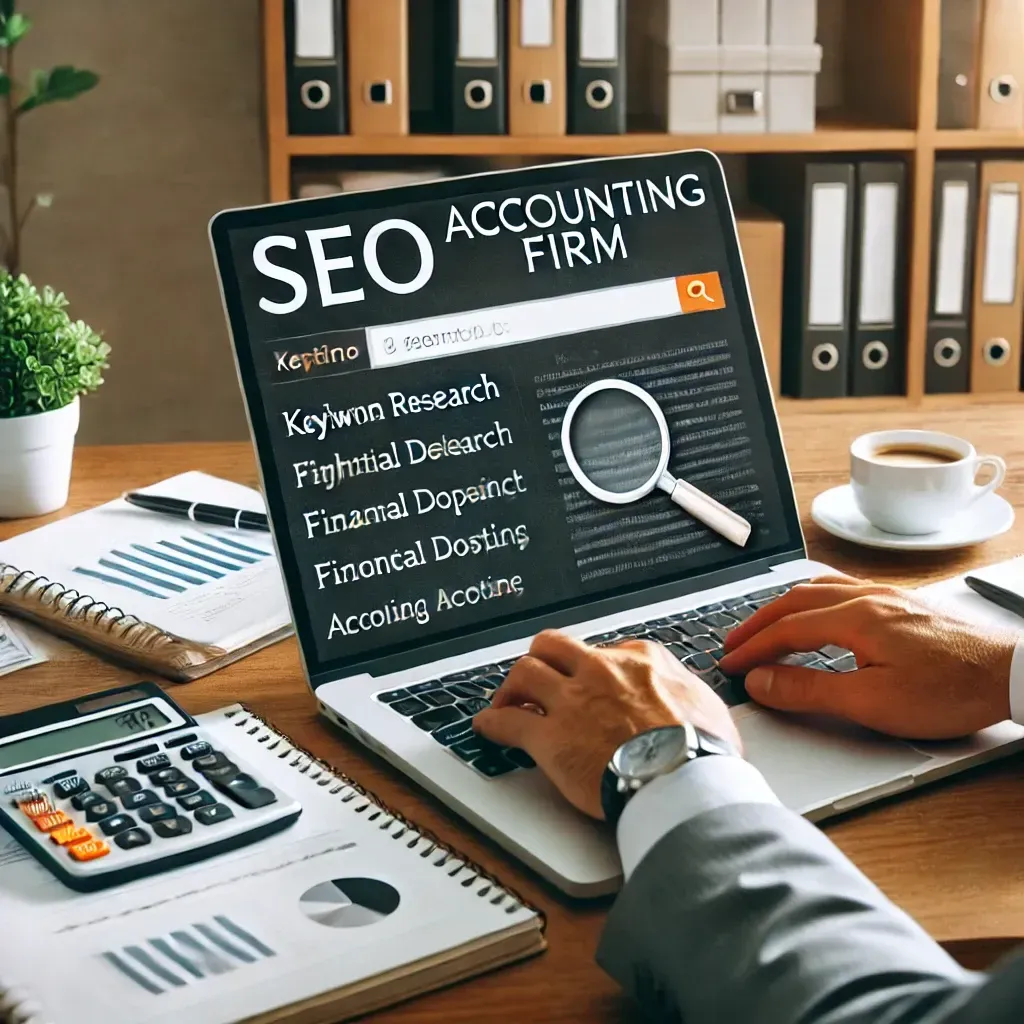 A professional writer creating SEO content for an accounting firm on a laptop, with keyword research and an article draft visible on the screen. The desk is neatly arranged with a notepad, financial documents, and a cup of coffee. A bookshelf filled with business and accounting books is in the background, creating a professional and productive atmosphere.