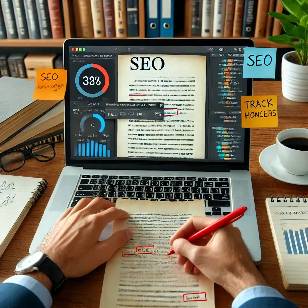 A professional editor reviewing a financial manuscript on a laptop, with SEO-related notes and track changes visible on the screen. A printed manuscript with sticky notes and a red pen is on the desk. The workspace is neatly organized with financial books, a cup of coffee, and a notepad. A bookshelf filled with accounting and business resources is in the background, creating a professional and focused atmosphere.