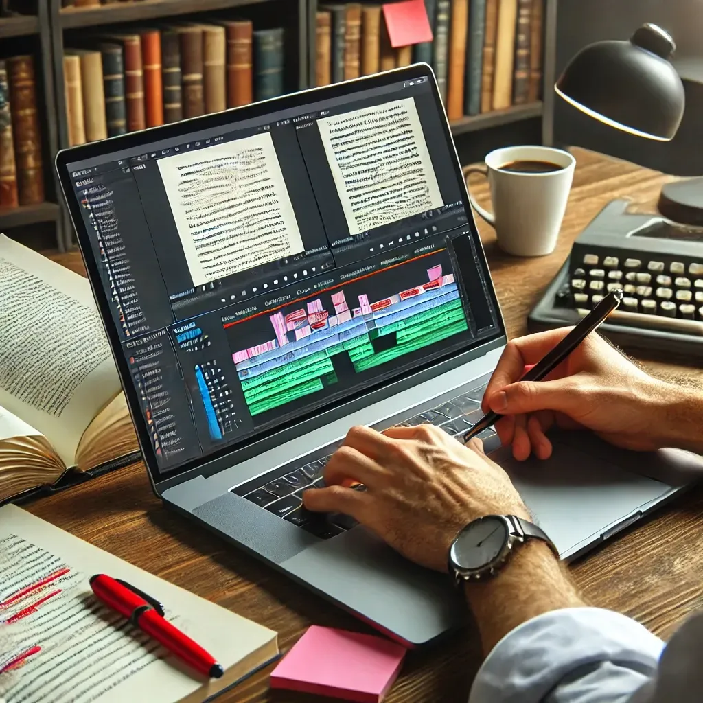 A professional book editor carefully reviewing a manuscript on a laptop, with track changes and editing marks visible on the screen. A printed manuscript with red pen annotations and sticky notes is on the desk. The workspace is neatly arranged with a cup of coffee, a notepad, and a bookshelf filled with writing and editing reference books in the background, creating a professional and inviting atmosphere.