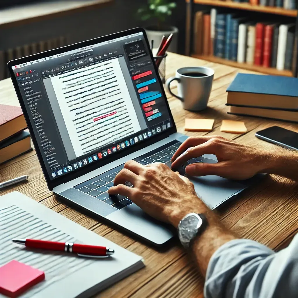 A professional writer working on a book report at a desk, typing on a laptop with editing notes visible on the screen. A printed manuscript with a red pen and sticky notes is beside the laptop. The workspace is neatly arranged with a cup of coffee, a notepad, and a bookshelf filled with writing and reference books in the background, creating a professional and inviting atmosphere.
