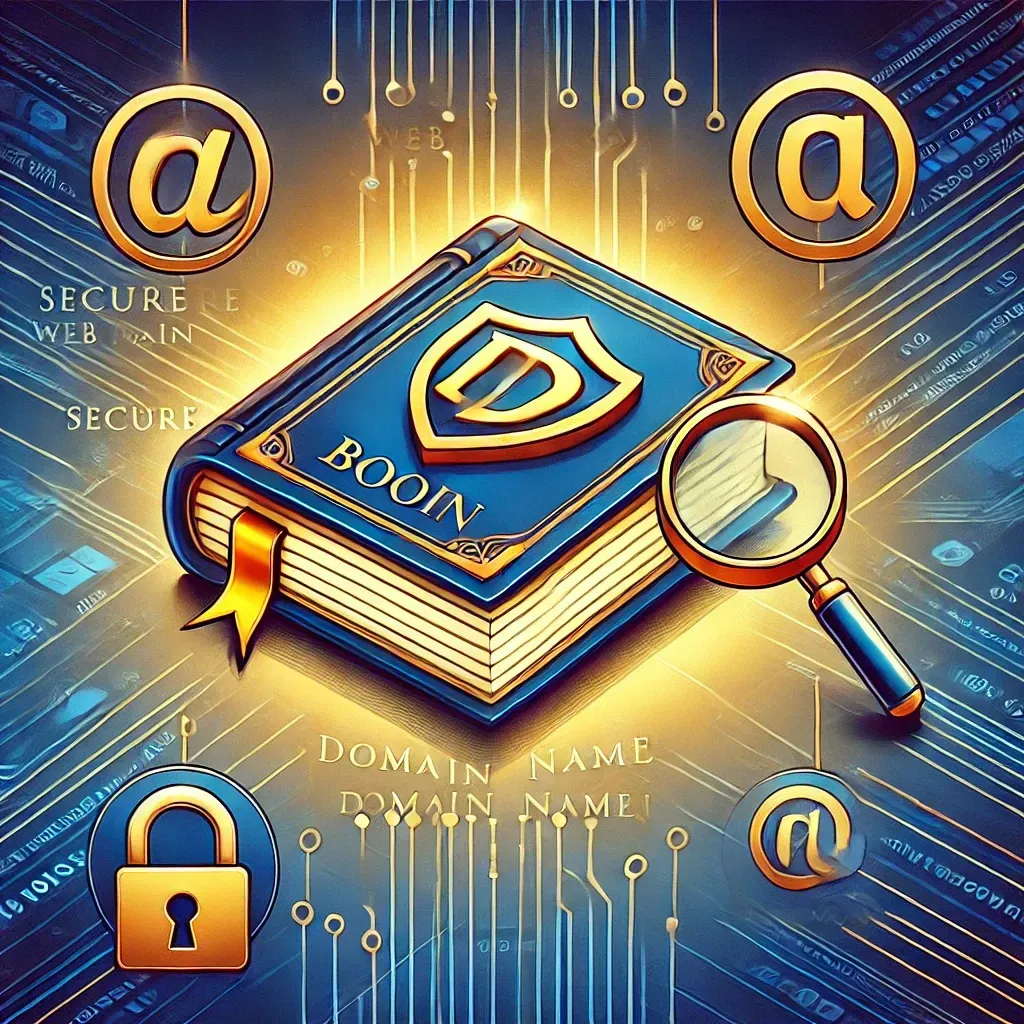 An illustration representing domain name protection for book branding. A secure web domain symbol with a book icon emphasizes the connection between books and online branding. A shield with a trademark (®) symbol is placed over the domain name to signify legal protection. Surrounding elements include a magnifying glass inspecting domain registrations, a lock symbolizing security, and a warning icon indicating cybersquatting threats. The background consists of a digital network with interconnected lines, reinforcing online protection, with a blue and gold color scheme signifying trust and authority in digital rights protection.