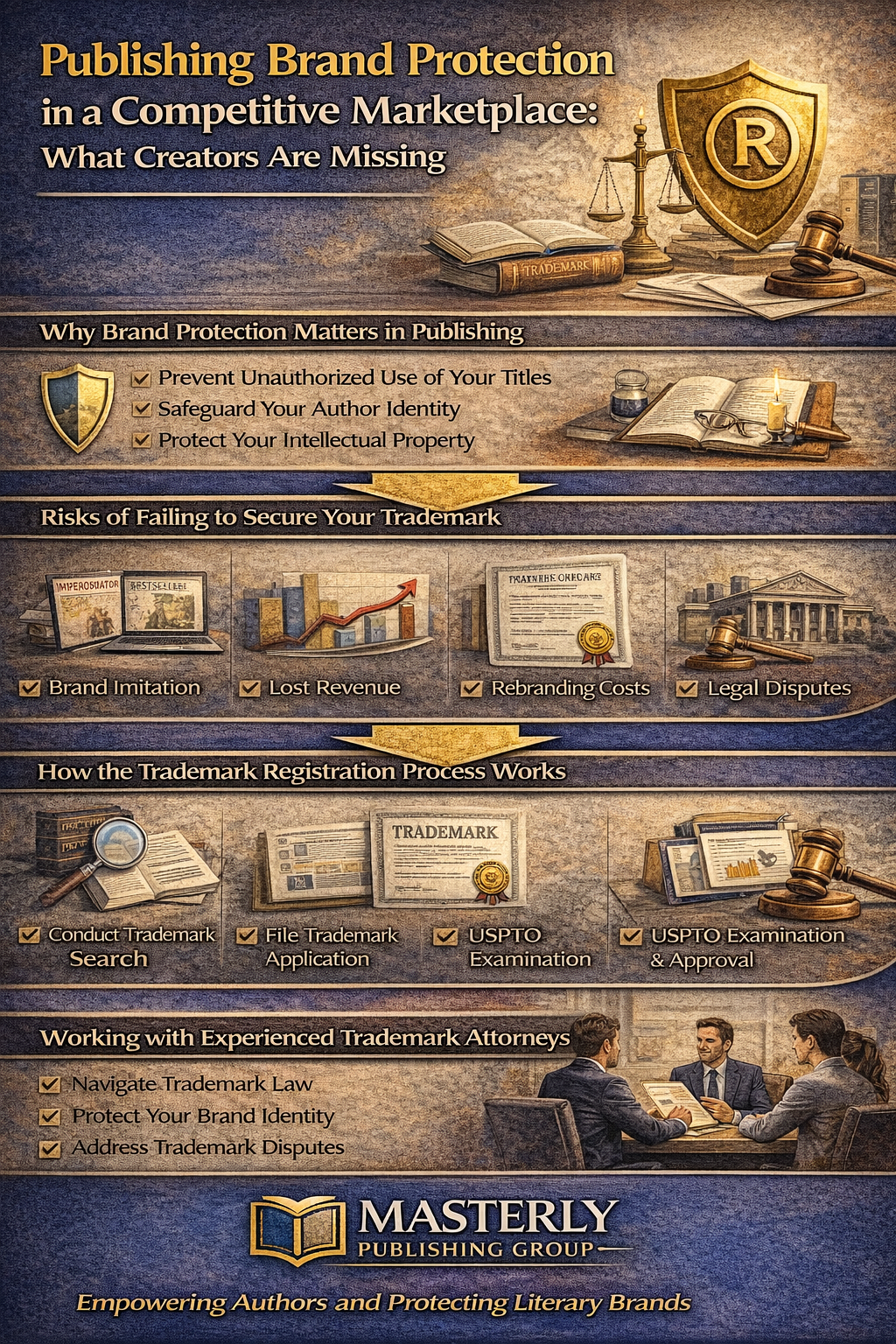 Infographic about publishing brand protection, explaining the risks of not securing a trademark, the trademark registration process with the USPTO, and how trademark attorneys help authors protect their intellectual property, prevent unauthorized use, and build a strong brand in a competitive marketplace.
