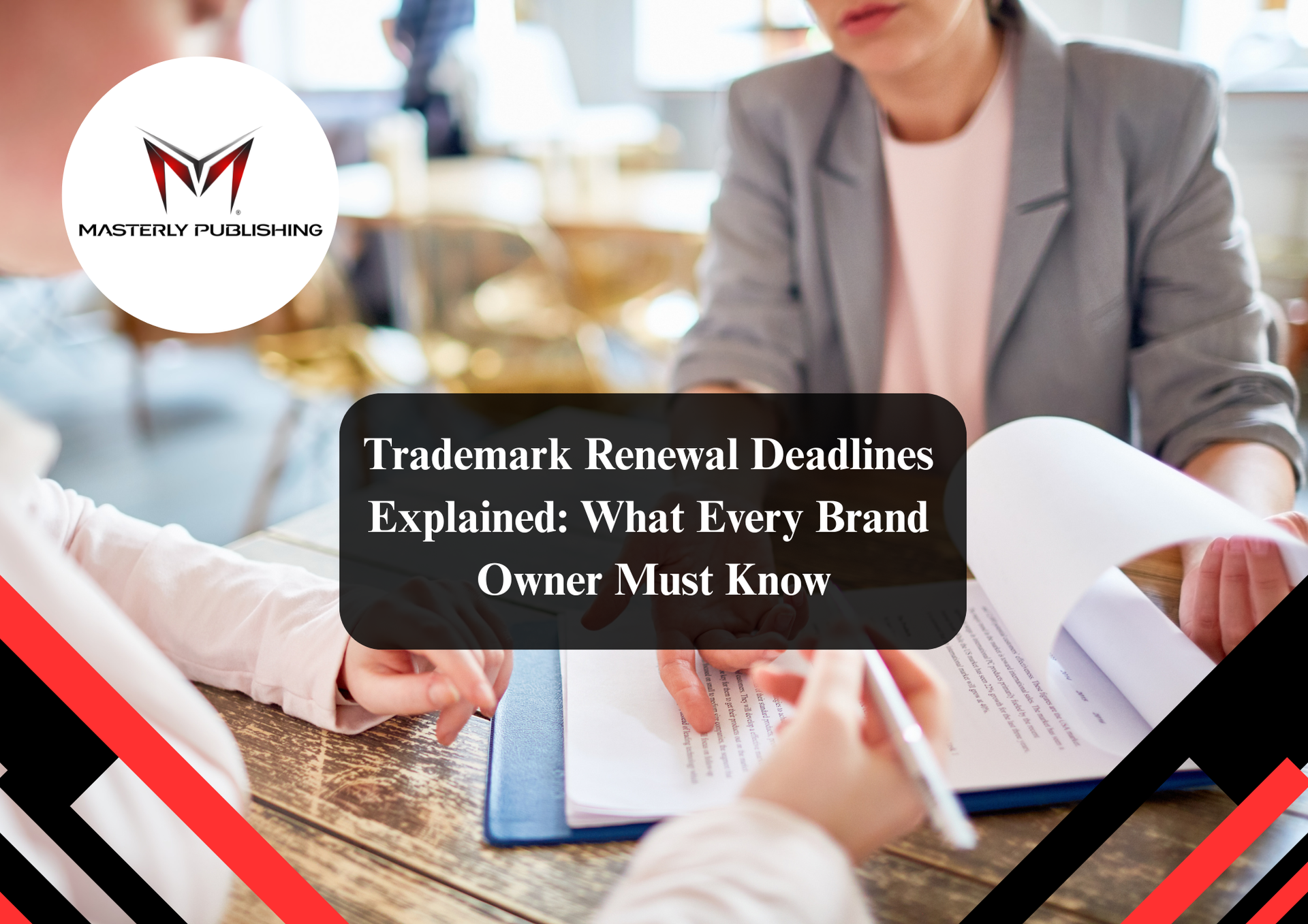 Trademark lawyer reviewing brand registration documents.
