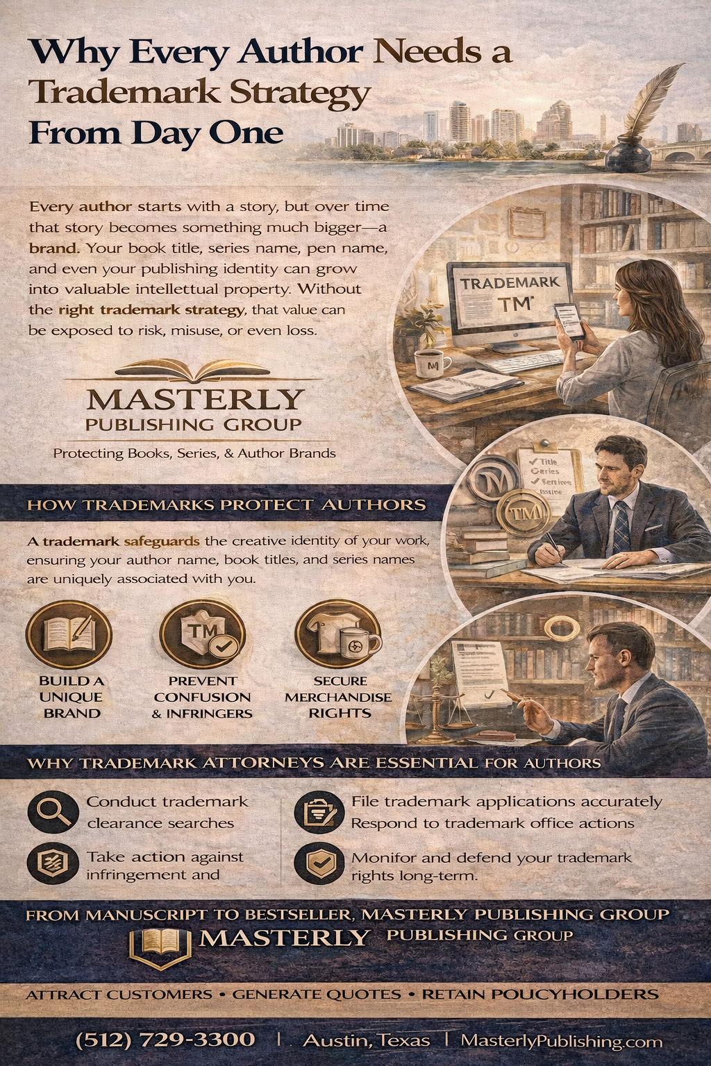 Why Every Author Needs a Trademark Strategy From Day One,” explaining how trademarks protect book titles, pen names, and author brands, with key steps like clearance searches, registration, and enforcement, presented by Masterly Publishing Group.