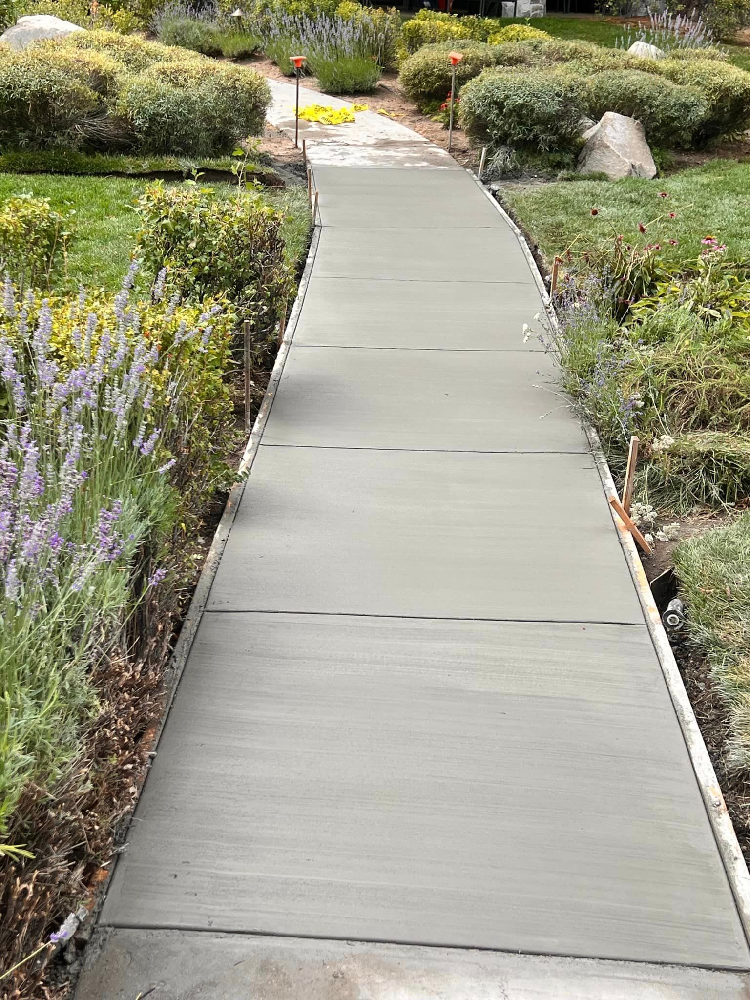 A concrete walkway in a garden surrounded by bushes and flowers.