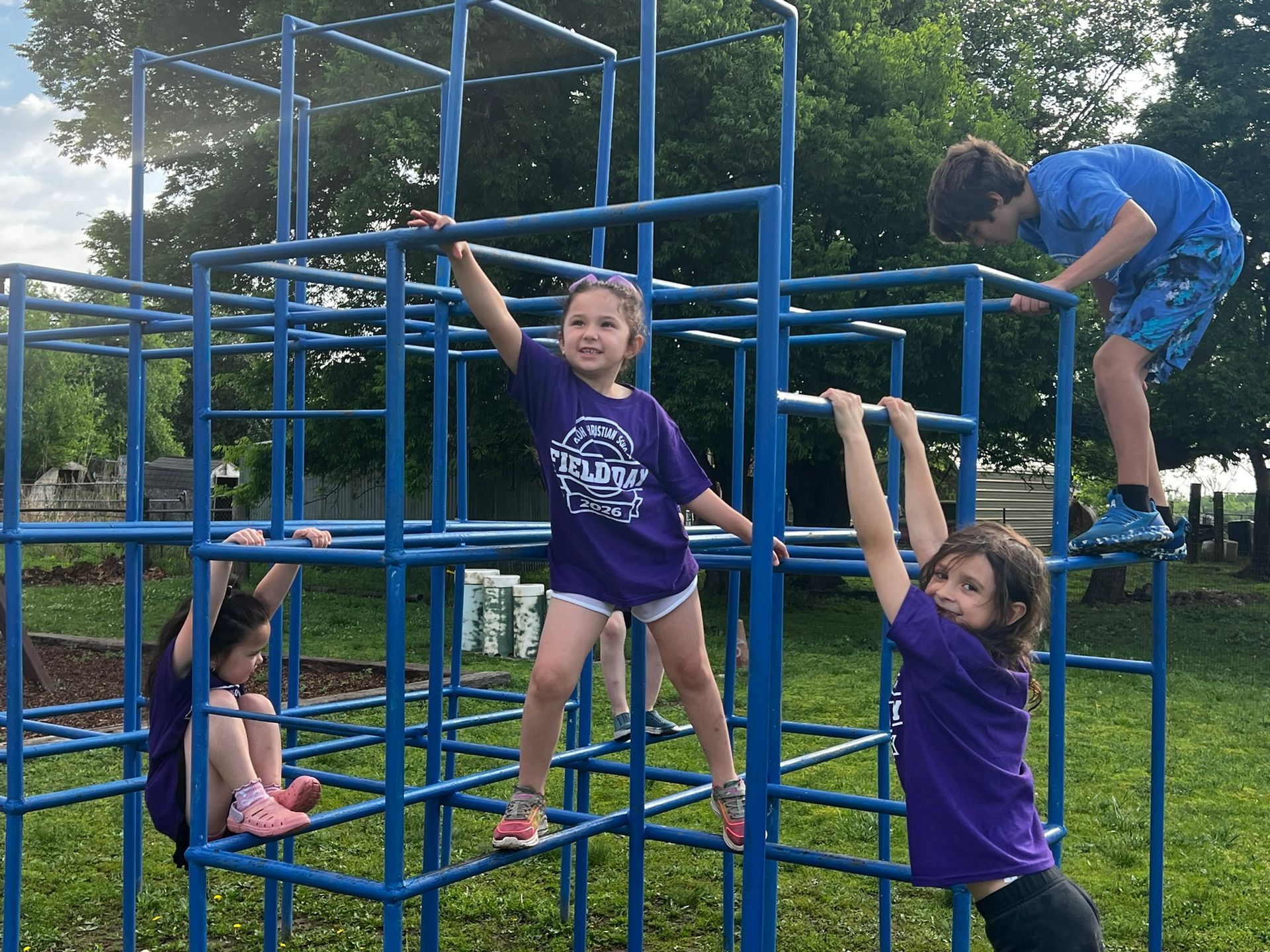 Children climbing on a blue jungle gym outdoors, one smiling and one hanging from bars.