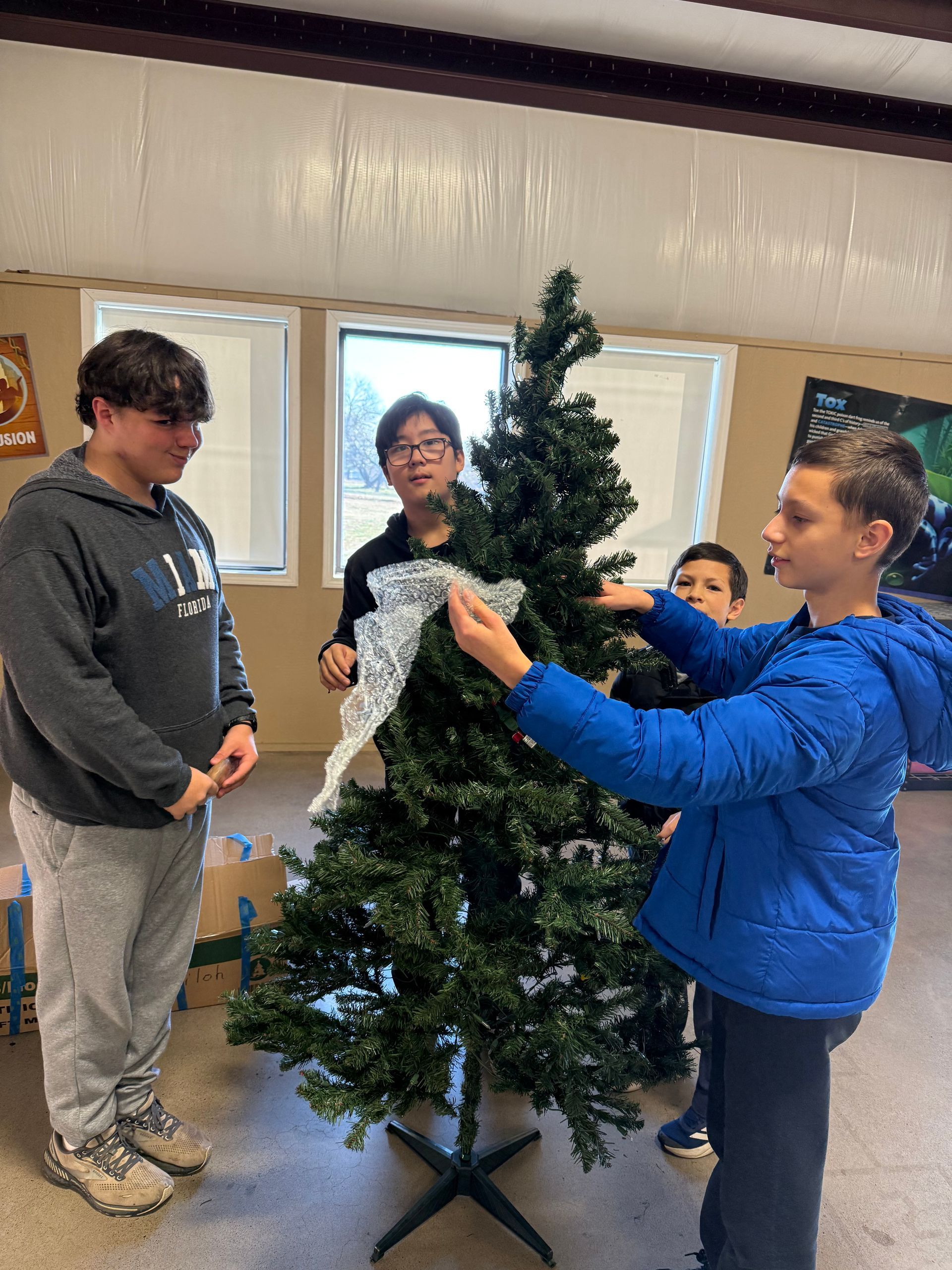 A group of young boys are decorating a christmas tree in a room.