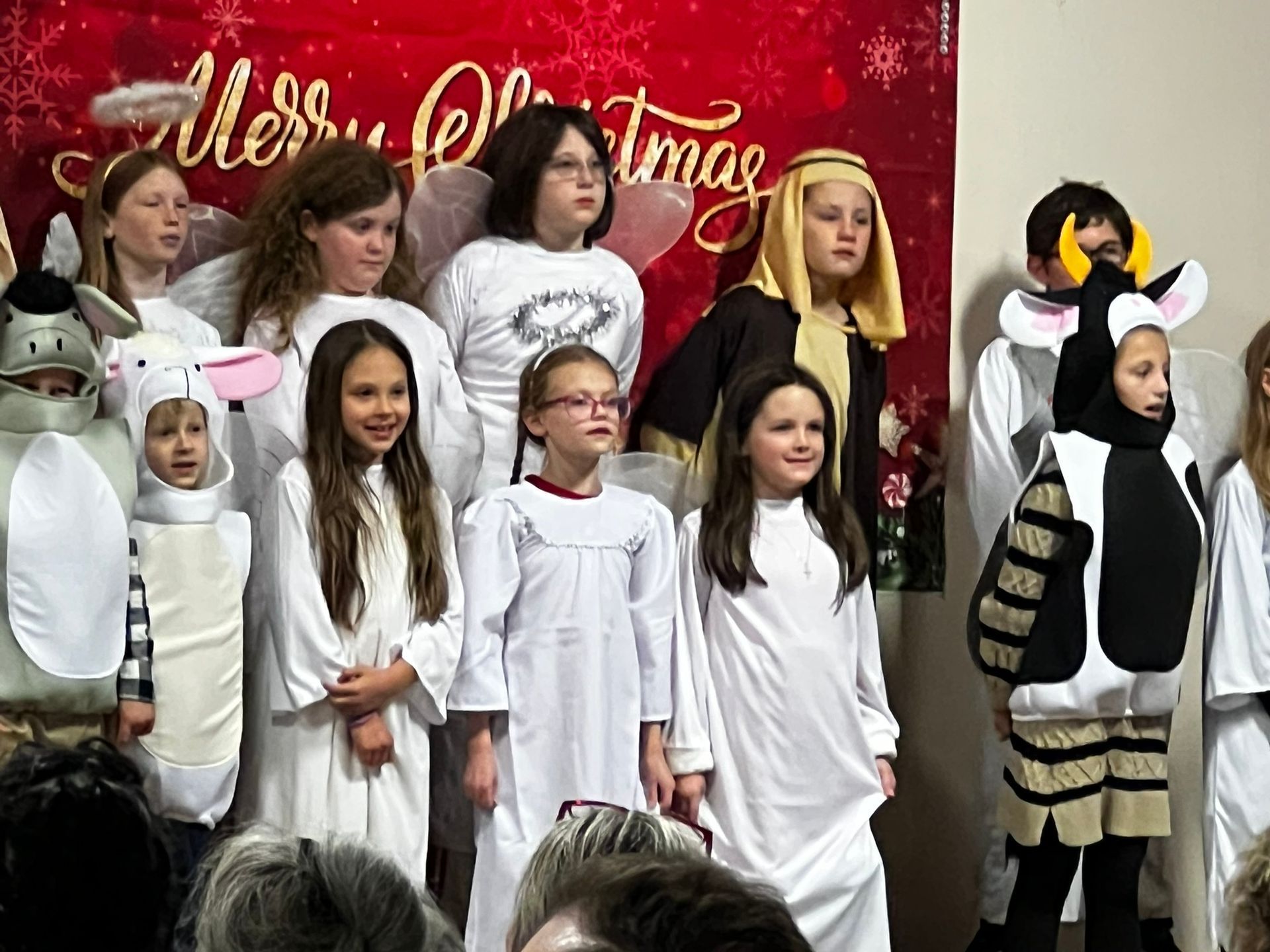Children in costumes on a stage. Christmas pageant with angel, animal, and Joseph figures; red backdrop.