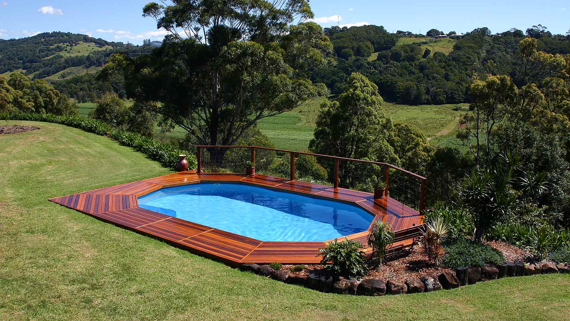 Above ground. Ground Pool Deck. Pool for Farm. In-ground, larger Pool.